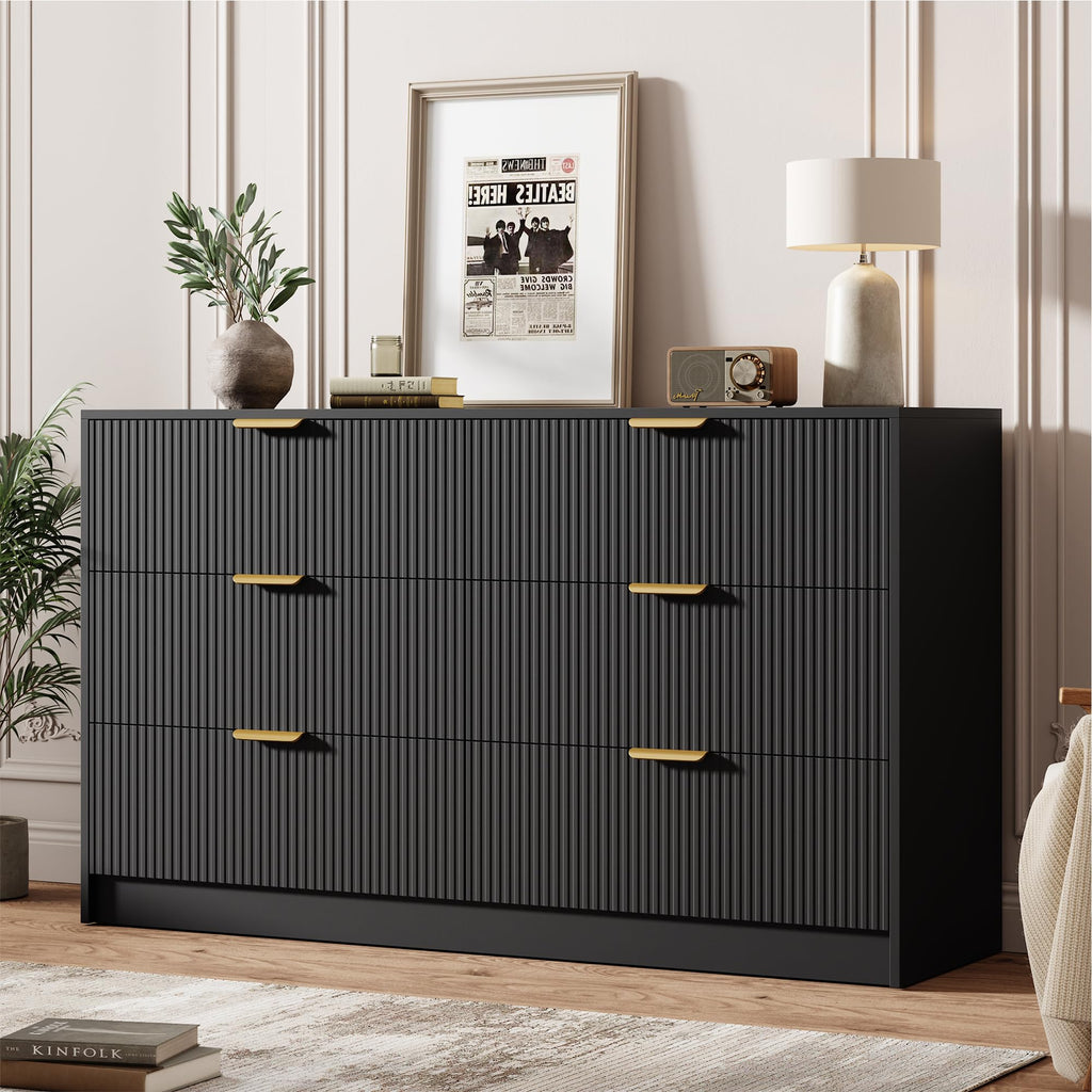 Garvee 6 Drawers Dresser for Bedroom - 54" Wide Modern Fluted Double Chest of Drawers with Golden Metal Handles, Large TV Stand Multi-Function Home Organizer for Living Room, Entryway, Hallway, Black
