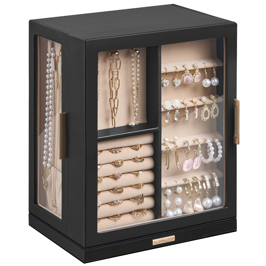 Glimmloop 360° Rotating Jewelry Box with 5 Drawers, Spacious Vertical Jewelry Organizer with Glass Window, Jewelry Storage Case, Dustproof & Moisture-resistant Design, White