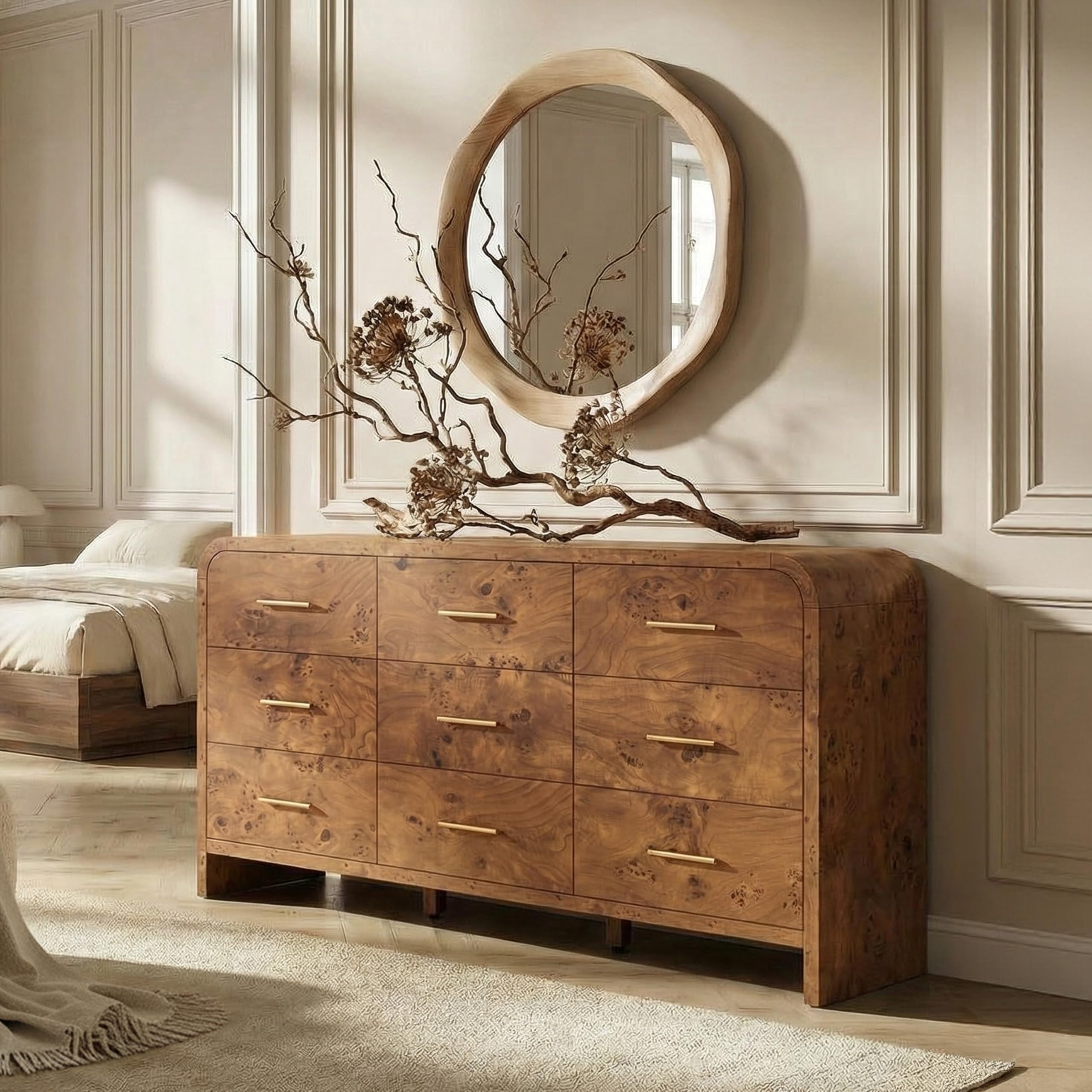 Curved 9-Drawer Dresser for Bedroom, 63" Wide Modern Chest of Drawers, Vanity Desk TV Stand for Living Room, Closet Storage Drawers Organizer Furniture, Nursery, Hallway, Oak