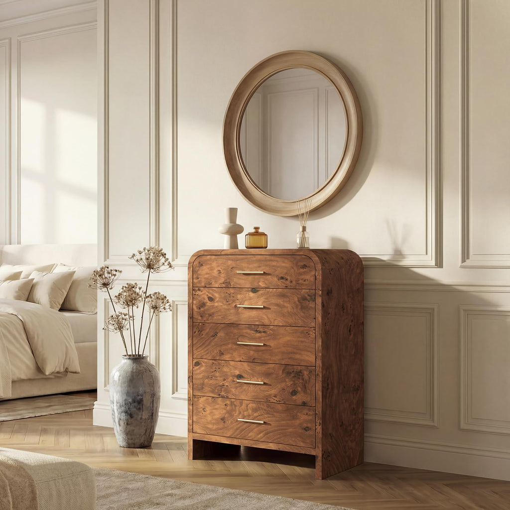 Curved 9-Drawer Dresser for Bedroom, 63" Wide Modern Chest of Drawers, Vanity Desk TV Stand for Living Room, Closet Storage Drawers Organizer Furniture, Nursery, Hallway, Oak