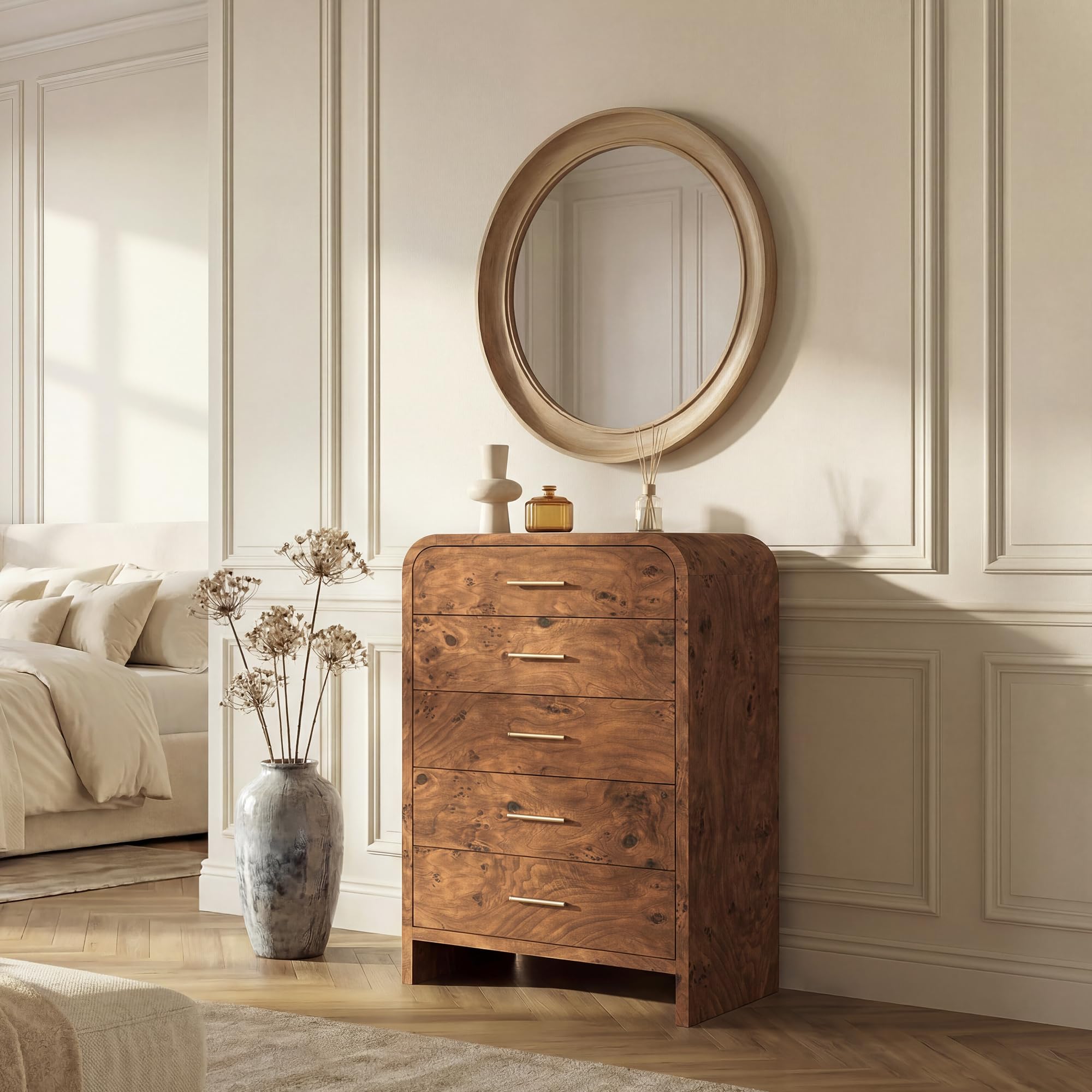 Curved 9-Drawer Dresser for Bedroom, 63" Wide Modern Chest of Drawers, Vanity Desk TV Stand for Living Room, Closet Storage Drawers Organizer Furniture, Nursery, Hallway, Oak
