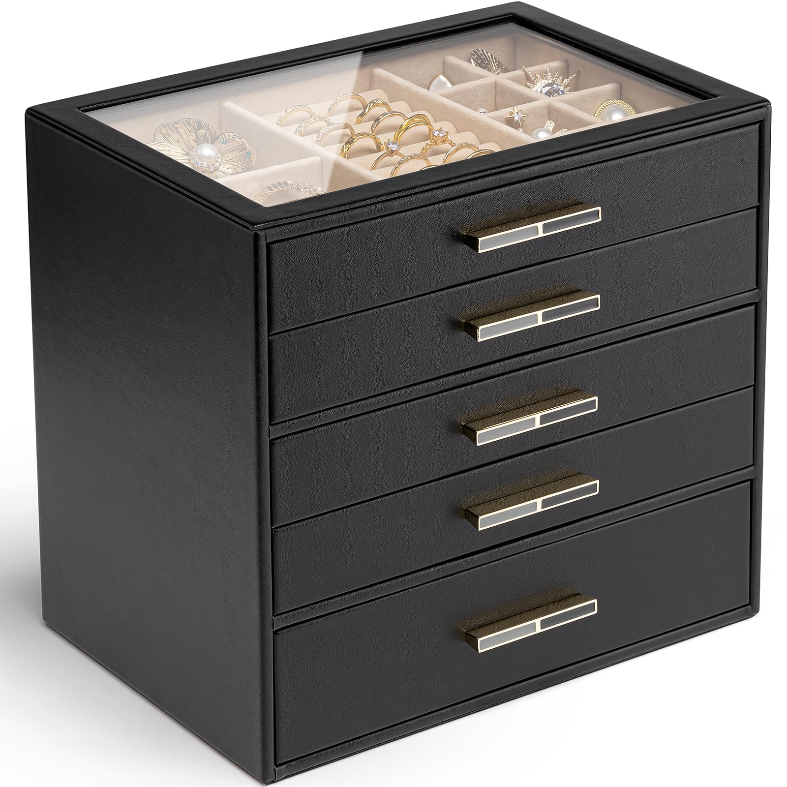 VLANDO 4 Layer Jewelry Box for Women, Glass Lid Jewelry Organizer with 4 Drawers for Necklaces Rings Earrings Bracelets - Cloud White