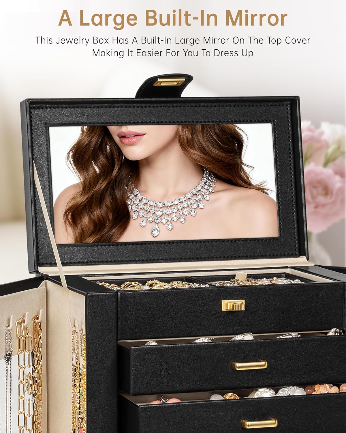 AKOZLIN Jewelry Box 6-Tier Organizer Functional 360° Rotating Jewelry Storage Case for Women Girls Ring Necklace Earring Bracelet Holder with Mirror