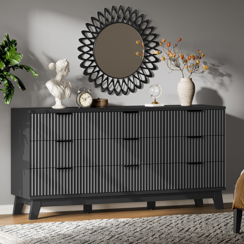 Xixini Fluted Dresser with 9 Drawers, 63" Wide Modern Chest of Drawers with Metal Handle, Wooden Dresser TV Stand, Wood Closet Clothes Storage Organizer for Bedroom, Living Room, Hallway, Natural Oak