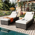 Patio Chaise Lounge Set of 2, Brown Rattan, Adjustable Backrest, Recliners with Beige Cushion
