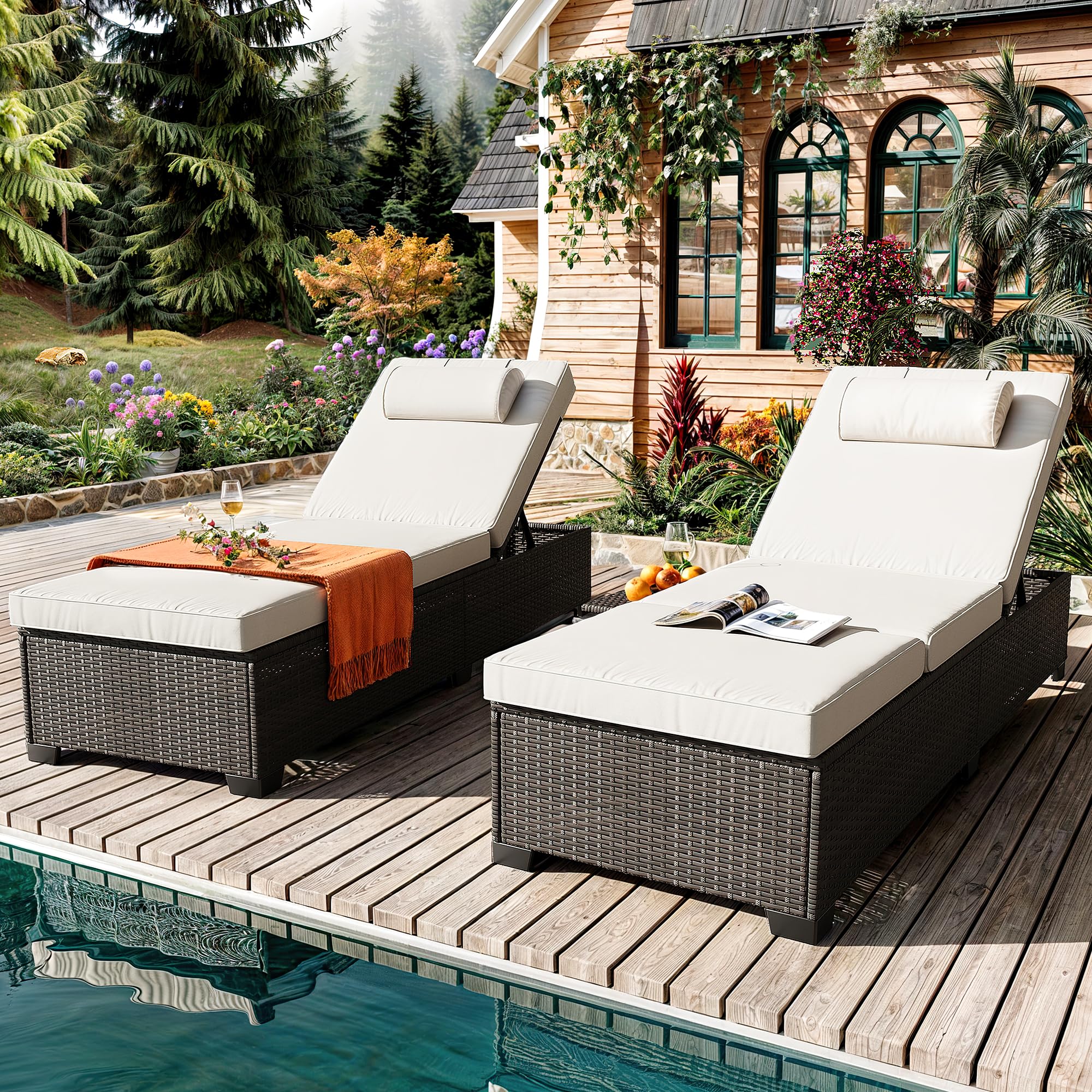 Patio Chaise Lounge Set of 2, Brown Rattan, Adjustable Backrest, Recliners with Beige Cushion