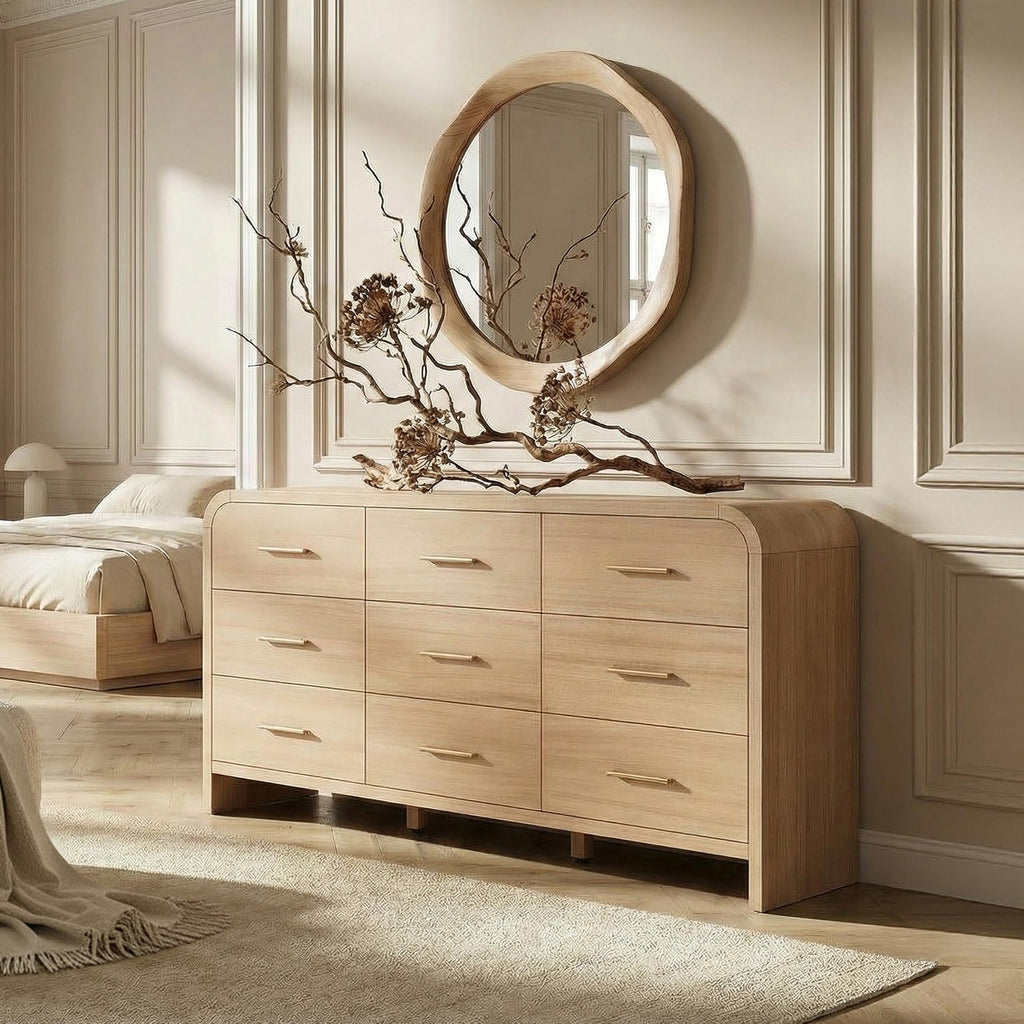 Curved 9-Drawer Dresser for Bedroom, 63" Wide Modern Chest of Drawers, Vanity Desk TV Stand for Living Room, Closet Storage Drawers Organizer Furniture, Nursery, Hallway, Oak