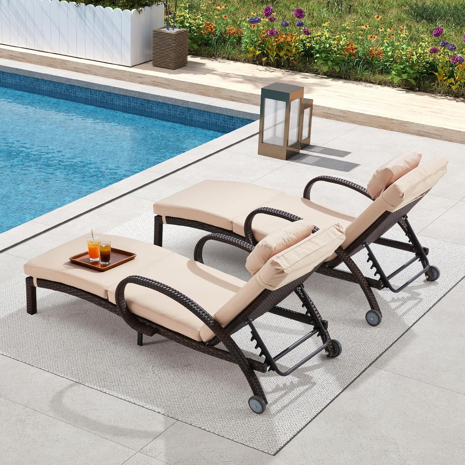 Pool Outdoor Lounge Chairs Set of 2,Outdoor Chaise Lounge w/ 5 Adjustable Back,Wicker Patio Pool Lounge Chair with Wheels for Poolside Deck Lawn,Khaki