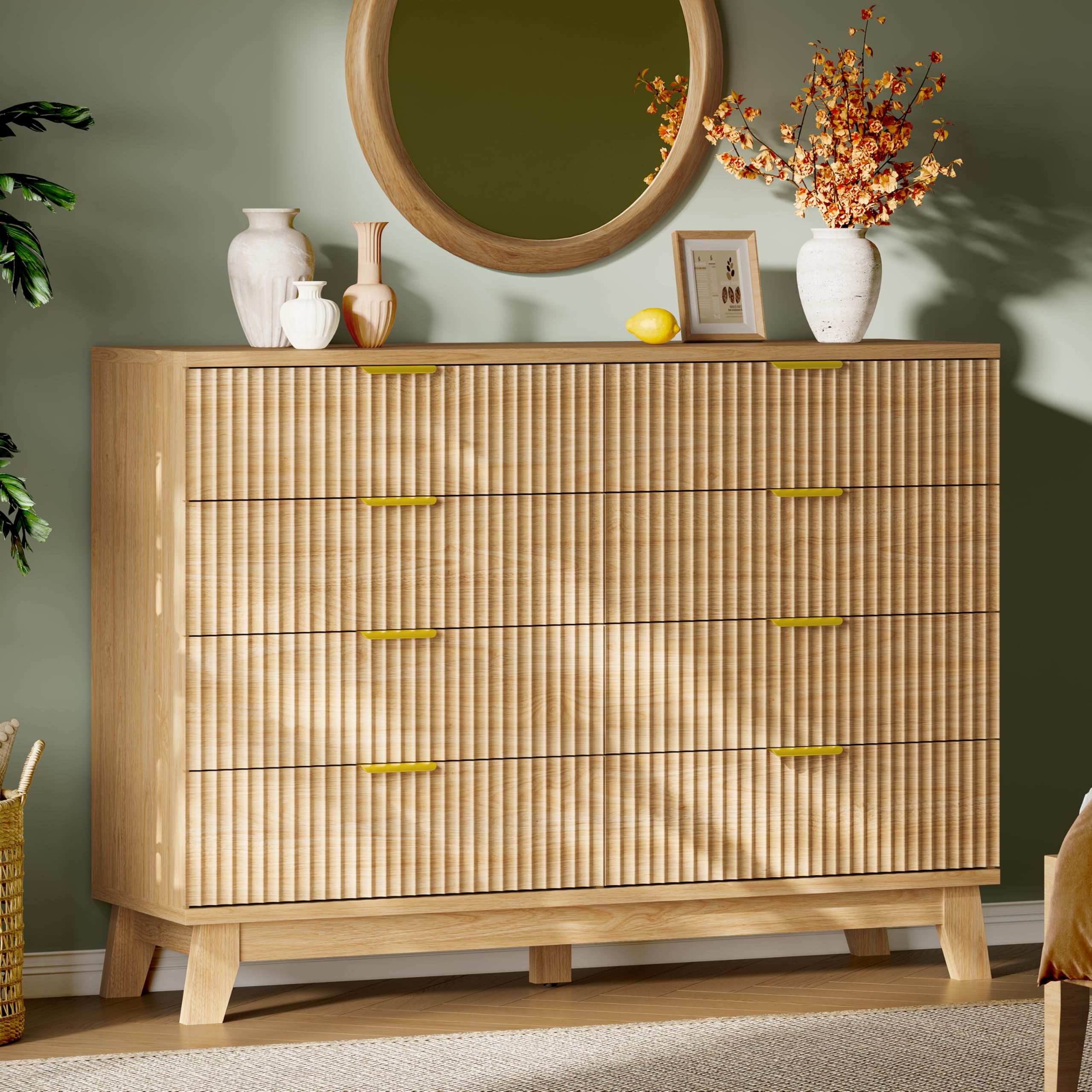 Xixini Fluted Dresser with 9 Drawers, 63" Wide Modern Chest of Drawers with Metal Handle, Wooden Dresser TV Stand, Wood Closet Clothes Storage Organizer for Bedroom, Living Room, Hallway, Natural Oak