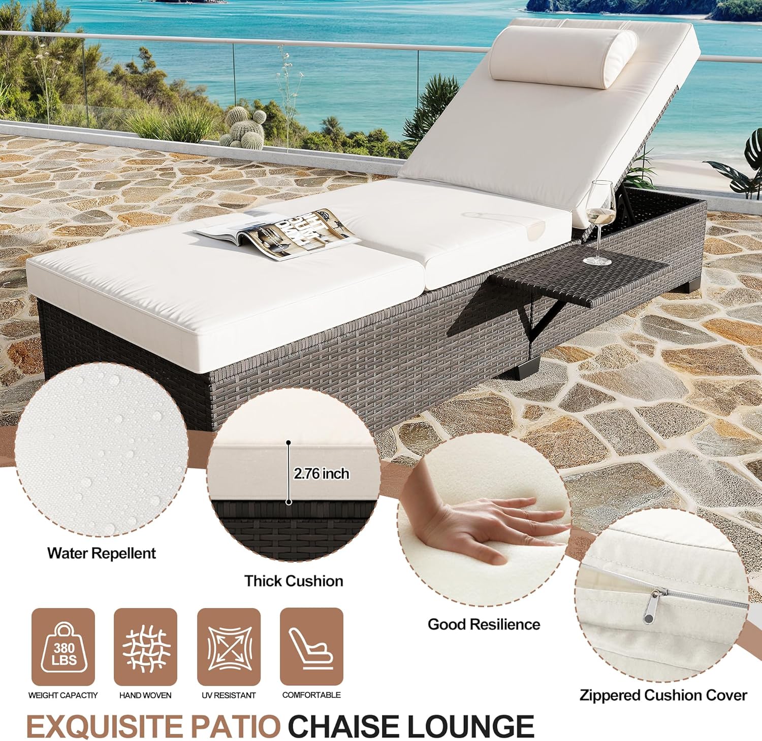 Patio Chaise Lounge Set of 2, Brown Rattan, Adjustable Backrest, Recliners with Beige Cushion
