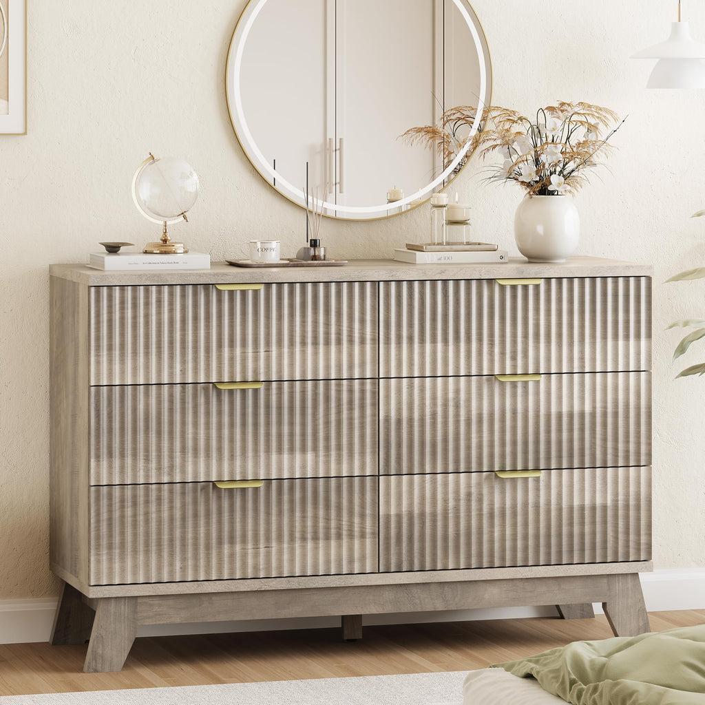 Fluted Dresser for Bedroom with 9 Drawers, 57" Wide Modern Chest of Drawers with Metal Handle, Wooden Dresser TV Stand, Wood Closet Clothes Storage Organizer for Living Room, Hallway, Natural Oak