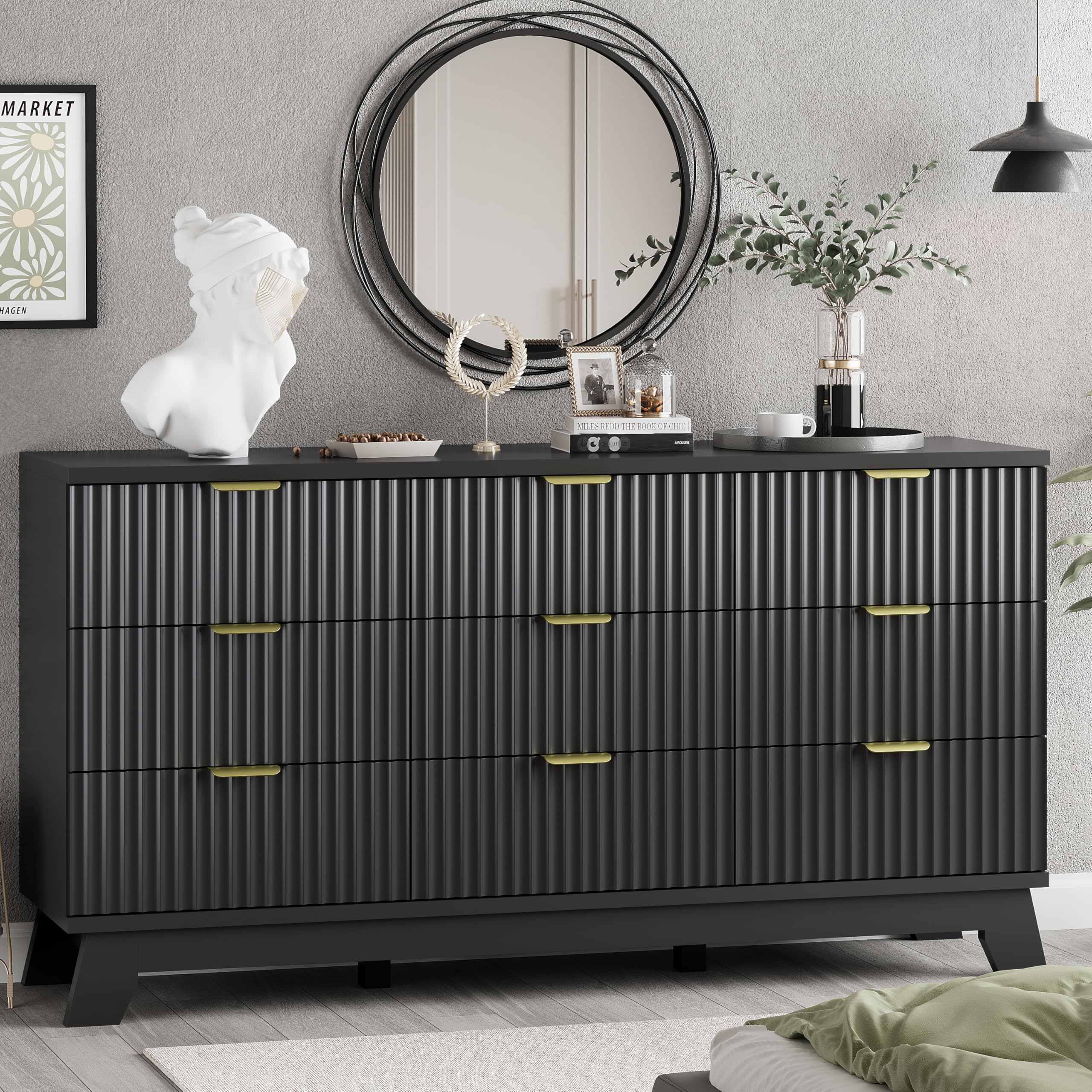 Fluted Dresser for Bedroom with 9 Drawers, 57" Wide Modern Chest of Drawers with Metal Handle, Wooden Dresser TV Stand, Wood Closet Clothes Storage Organizer for Living Room, Hallway, Natural Oak