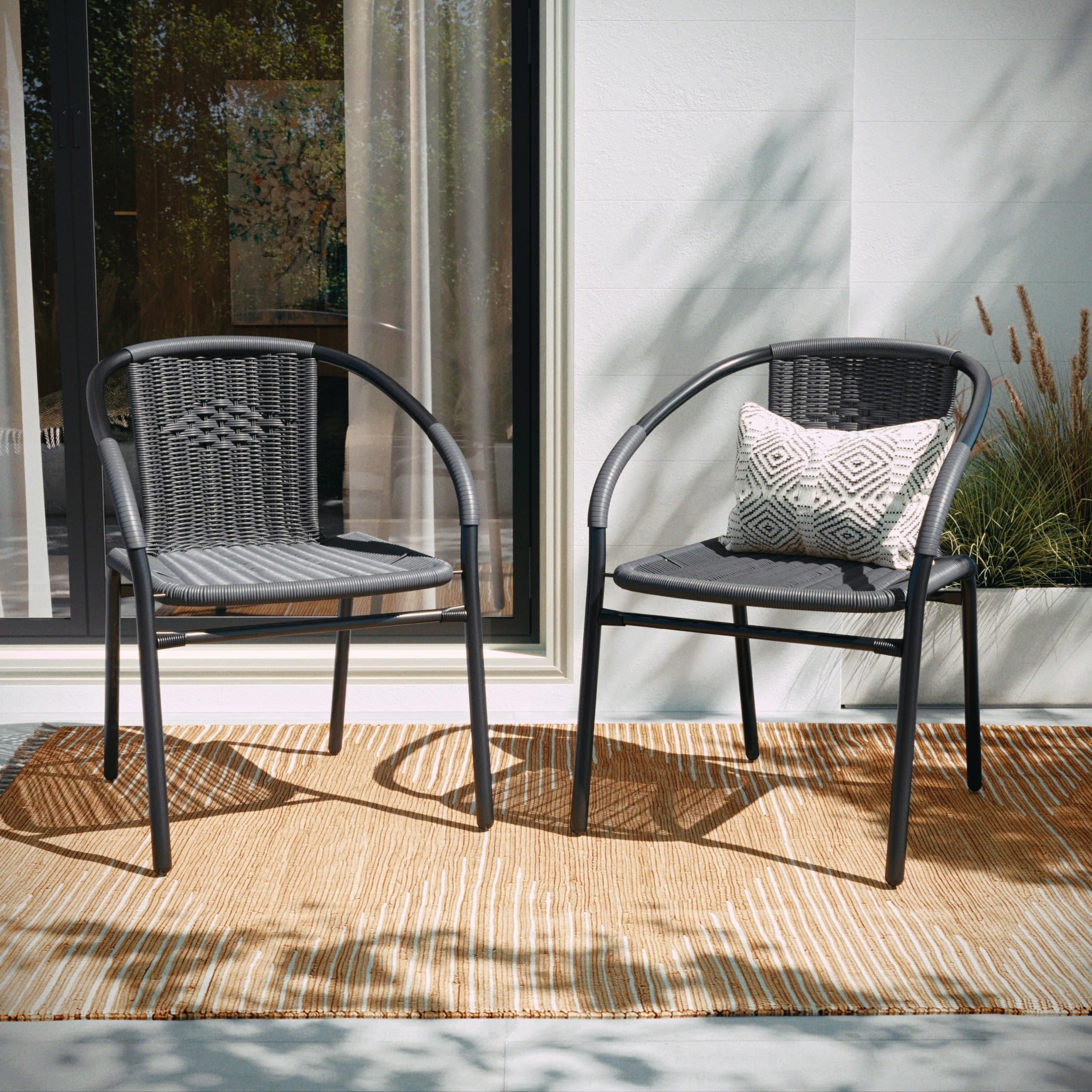 EMMA + OLIVER Set of 2 Modern PE Rattan Stack Chairs, Indoor/Outdoor Patio Dining Chairs, No Assembly Required, Brown