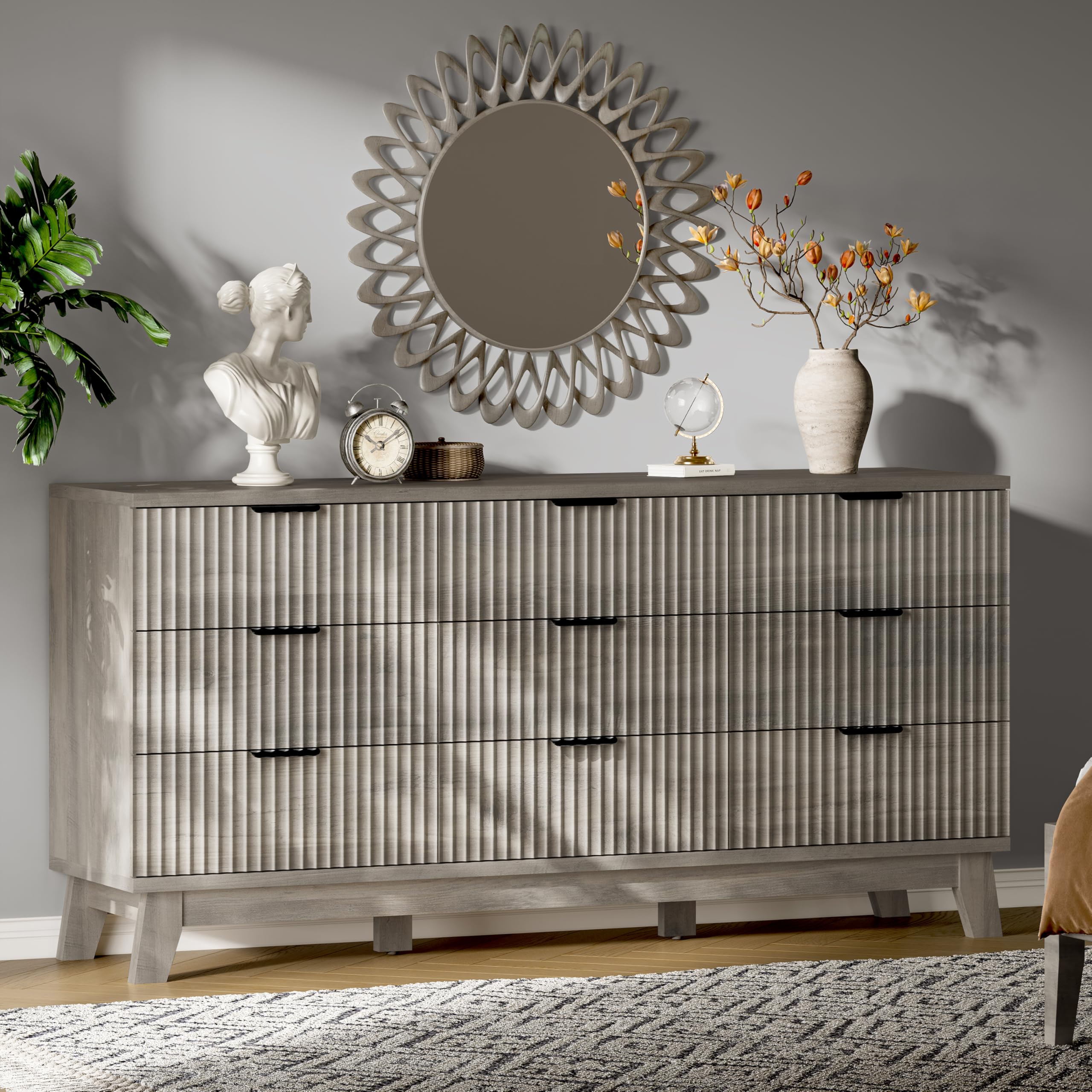 Xixini Fluted Dresser with 9 Drawers, 63" Wide Modern Chest of Drawers with Metal Handle, Wooden Dresser TV Stand, Wood Closet Clothes Storage Organizer for Bedroom, Living Room, Hallway, Natural Oak