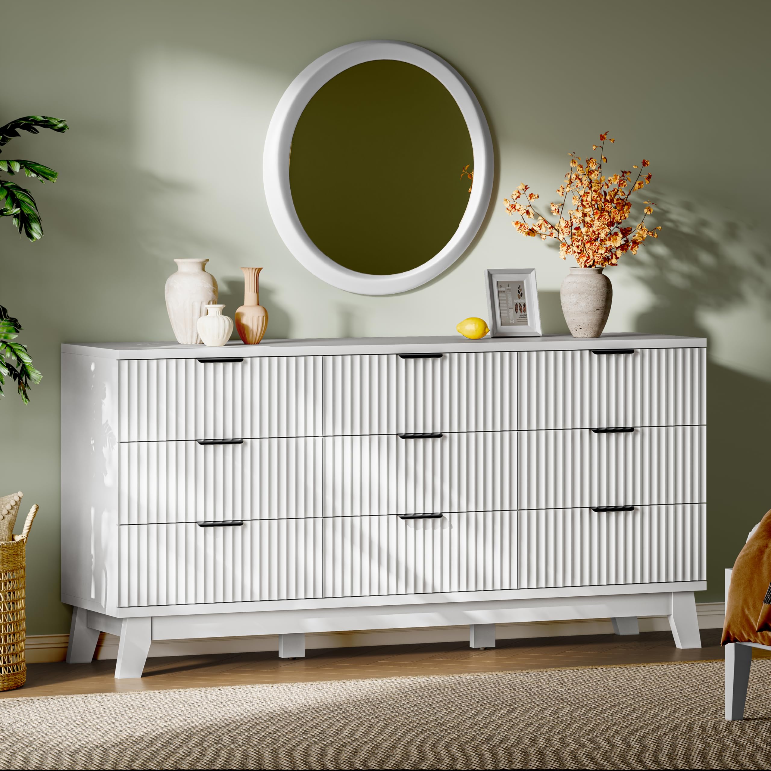 Xixini Fluted Dresser with 9 Drawers, 63" Wide Modern Chest of Drawers with Metal Handle, Wooden Dresser TV Stand, Wood Closet Clothes Storage Organizer for Bedroom, Living Room, Hallway, Natural Oak
