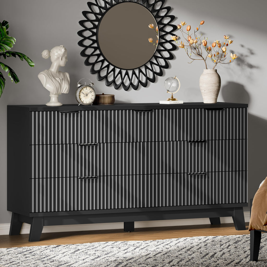 Xixini Fluted Dresser with 9 Drawers, 63" Wide Modern Chest of Drawers with Metal Handle, Wooden Dresser TV Stand, Wood Closet Clothes Storage Organizer for Bedroom, Living Room, Hallway, Natural Oak