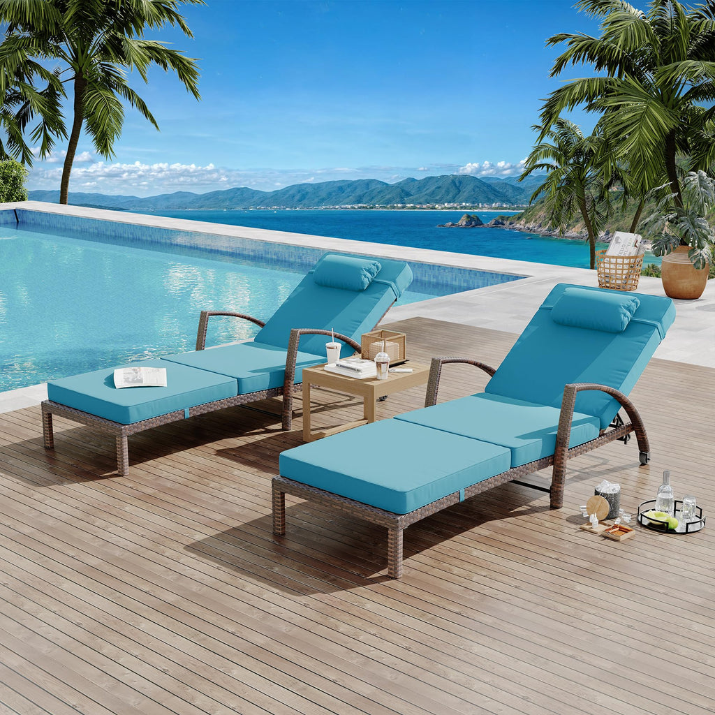 2Pcs Beige Rattan Folding Chaise Lounge,5-Position Adjustable Outdoor Lounge Chair with Cushion & Pillow