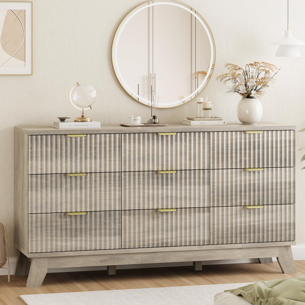 Fluted Dresser for Bedroom with 9 Drawers, 57" Wide Modern Chest of Drawers with Metal Handle, Wooden Dresser TV Stand, Wood Closet Clothes Storage Organizer for Living Room, Hallway, Natural Oak