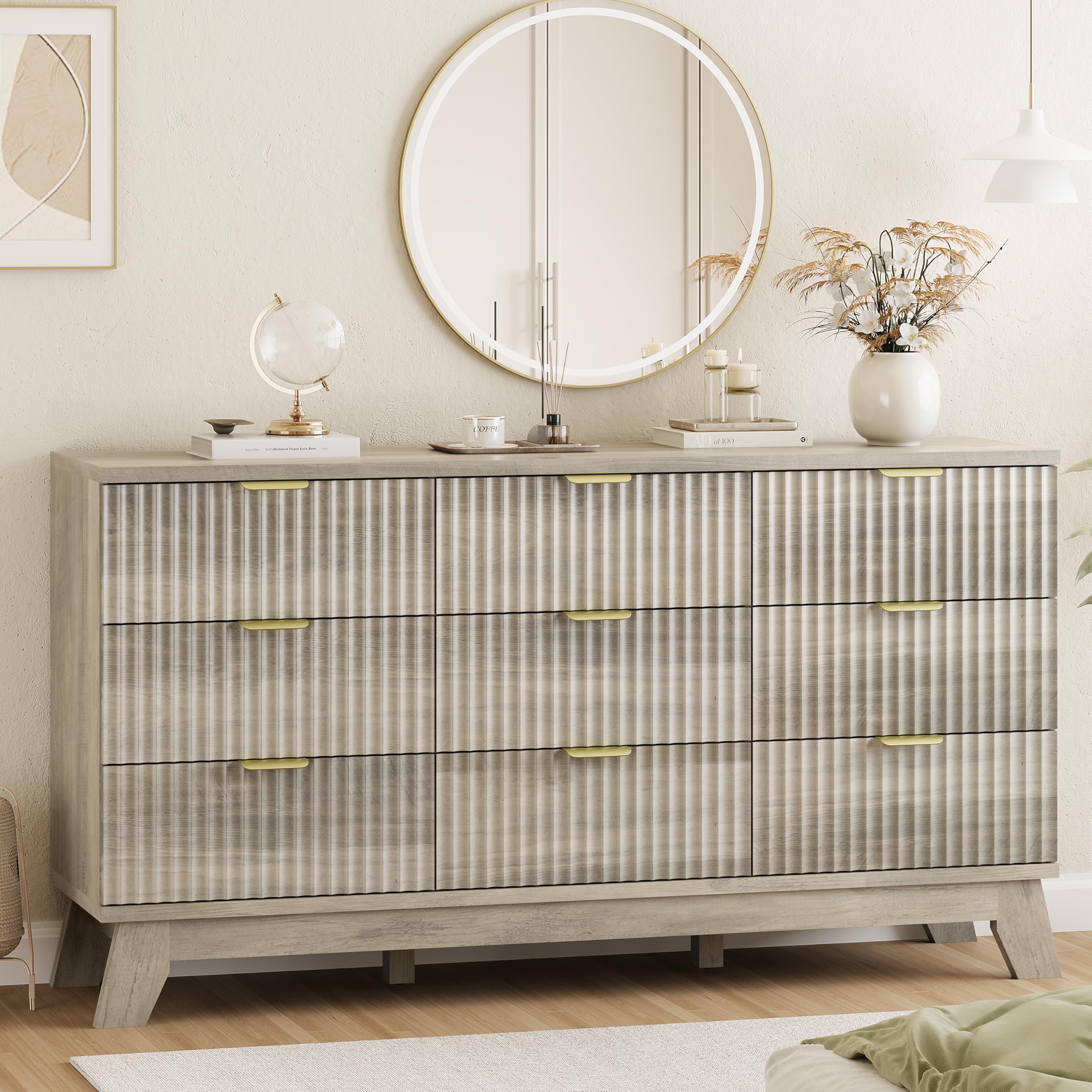 Fluted Dresser for Bedroom with 9 Drawers, 57" Wide Modern Chest of Drawers with Metal Handle, Wooden Dresser TV Stand, Wood Closet Clothes Storage Organizer for Living Room, Hallway, Natural Oak