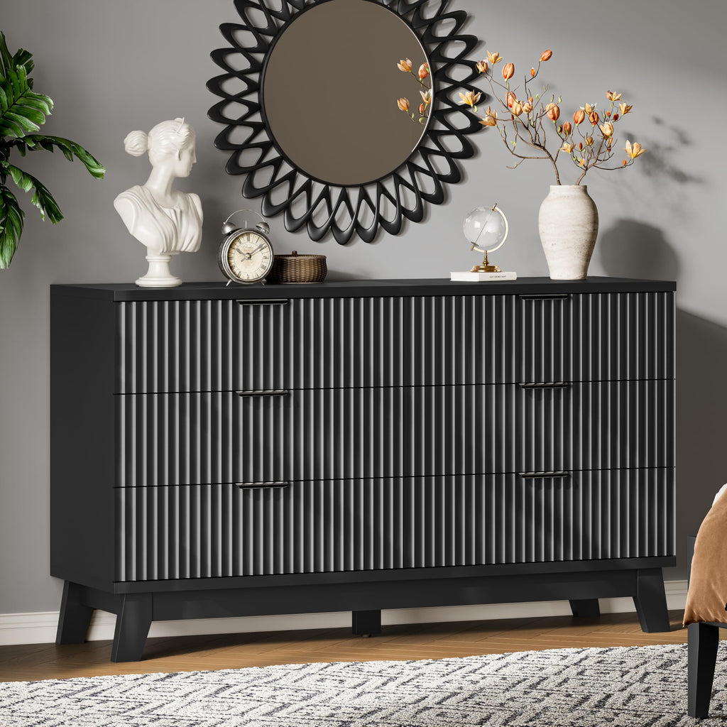 Xixini Fluted Dresser with 9 Drawers, 63" Wide Modern Chest of Drawers with Metal Handle, Wooden Dresser TV Stand, Wood Closet Clothes Storage Organizer for Bedroom, Living Room, Hallway, Natural Oak