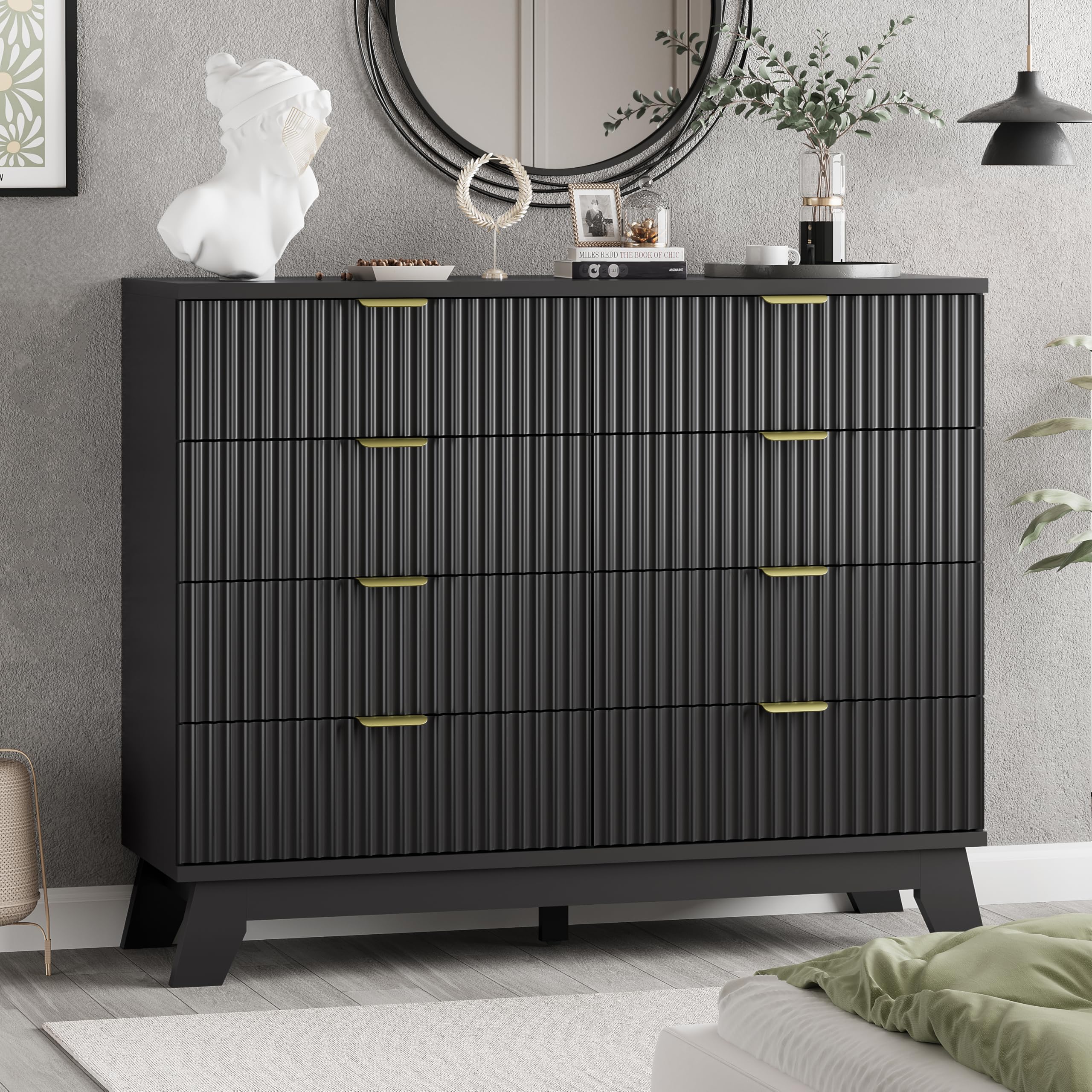 Fluted Dresser for Bedroom with 9 Drawers, 57" Wide Modern Chest of Drawers with Metal Handle, Wooden Dresser TV Stand, Wood Closet Clothes Storage Organizer for Living Room, Hallway, Natural Oak