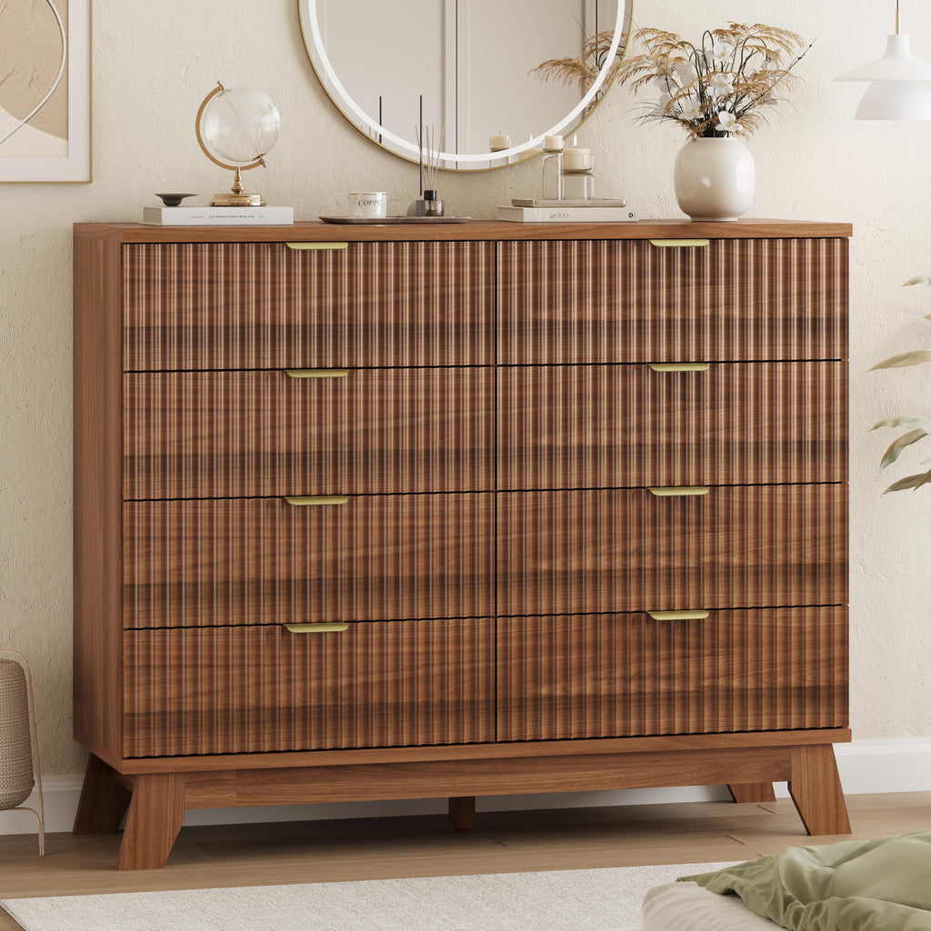 Fluted Dresser for Bedroom with 9 Drawers, 57" Wide Modern Chest of Drawers with Metal Handle, Wooden Dresser TV Stand, Wood Closet Clothes Storage Organizer for Living Room, Hallway, Natural Oak