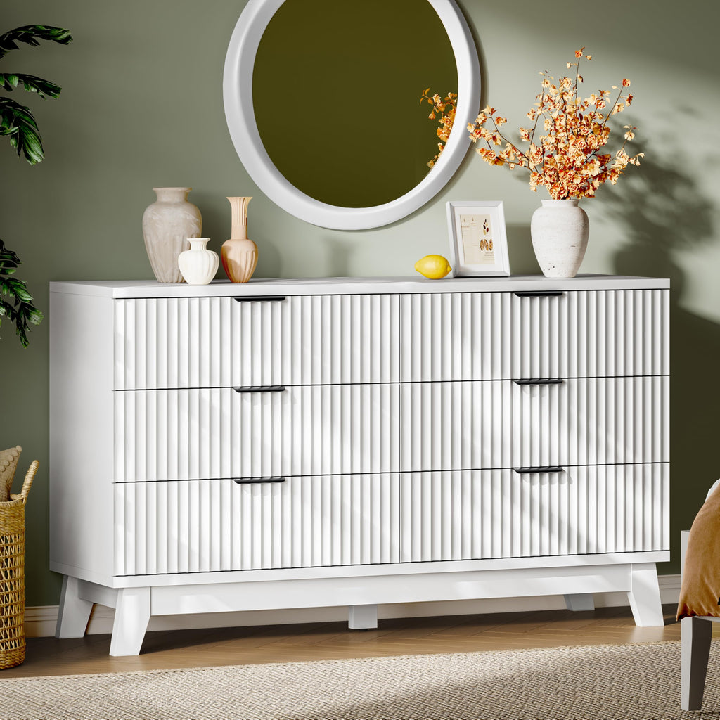 Xixini Fluted Dresser with 9 Drawers, 63" Wide Modern Chest of Drawers with Metal Handle, Wooden Dresser TV Stand, Wood Closet Clothes Storage Organizer for Bedroom, Living Room, Hallway, Natural Oak