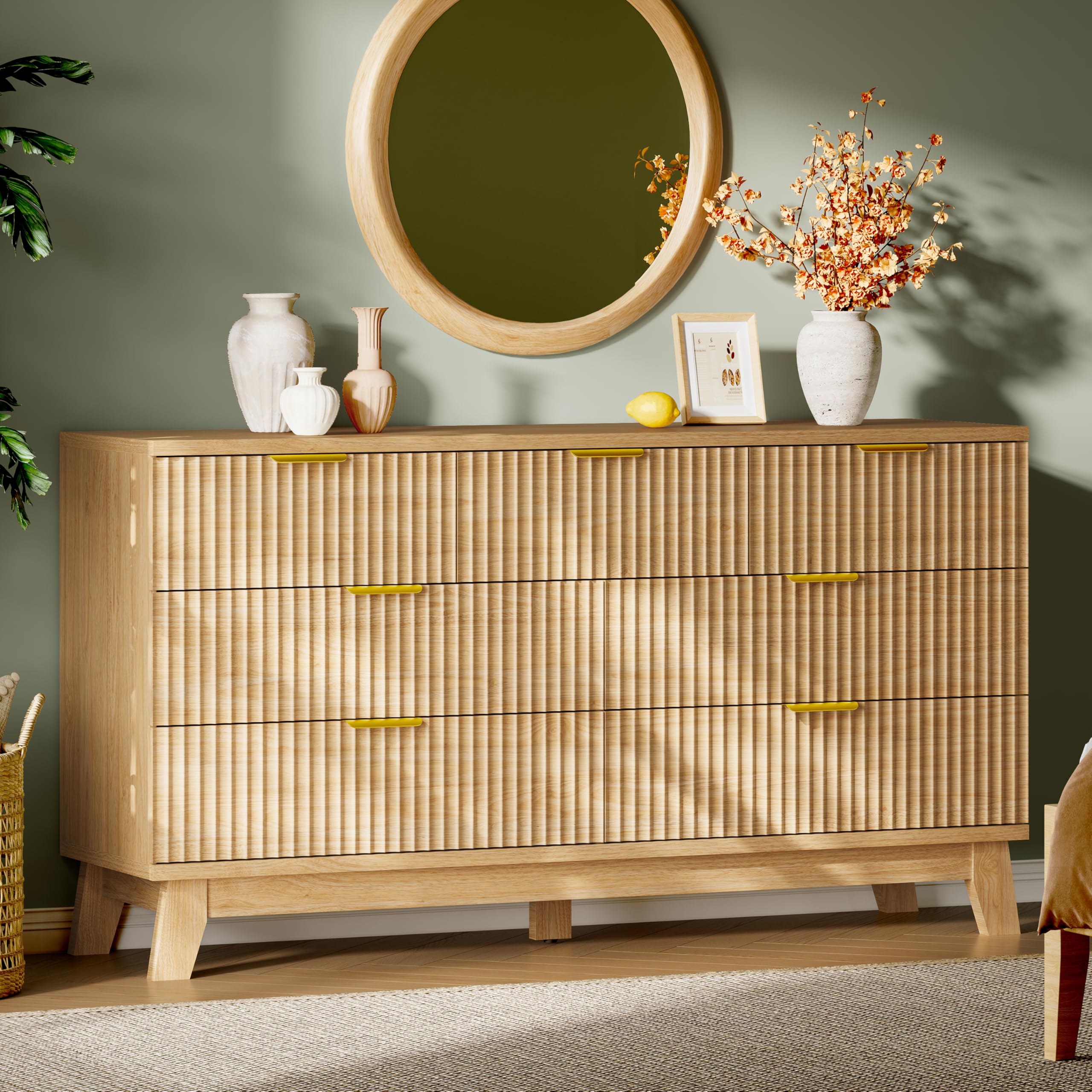 Xixini Fluted Dresser with 9 Drawers, 63" Wide Modern Chest of Drawers with Metal Handle, Wooden Dresser TV Stand, Wood Closet Clothes Storage Organizer for Bedroom, Living Room, Hallway, Natural Oak