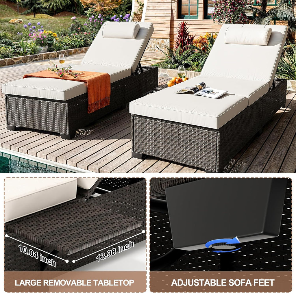Patio Chaise Lounge Set of 2, Brown Rattan, Adjustable Backrest, Recliners with Beige Cushion