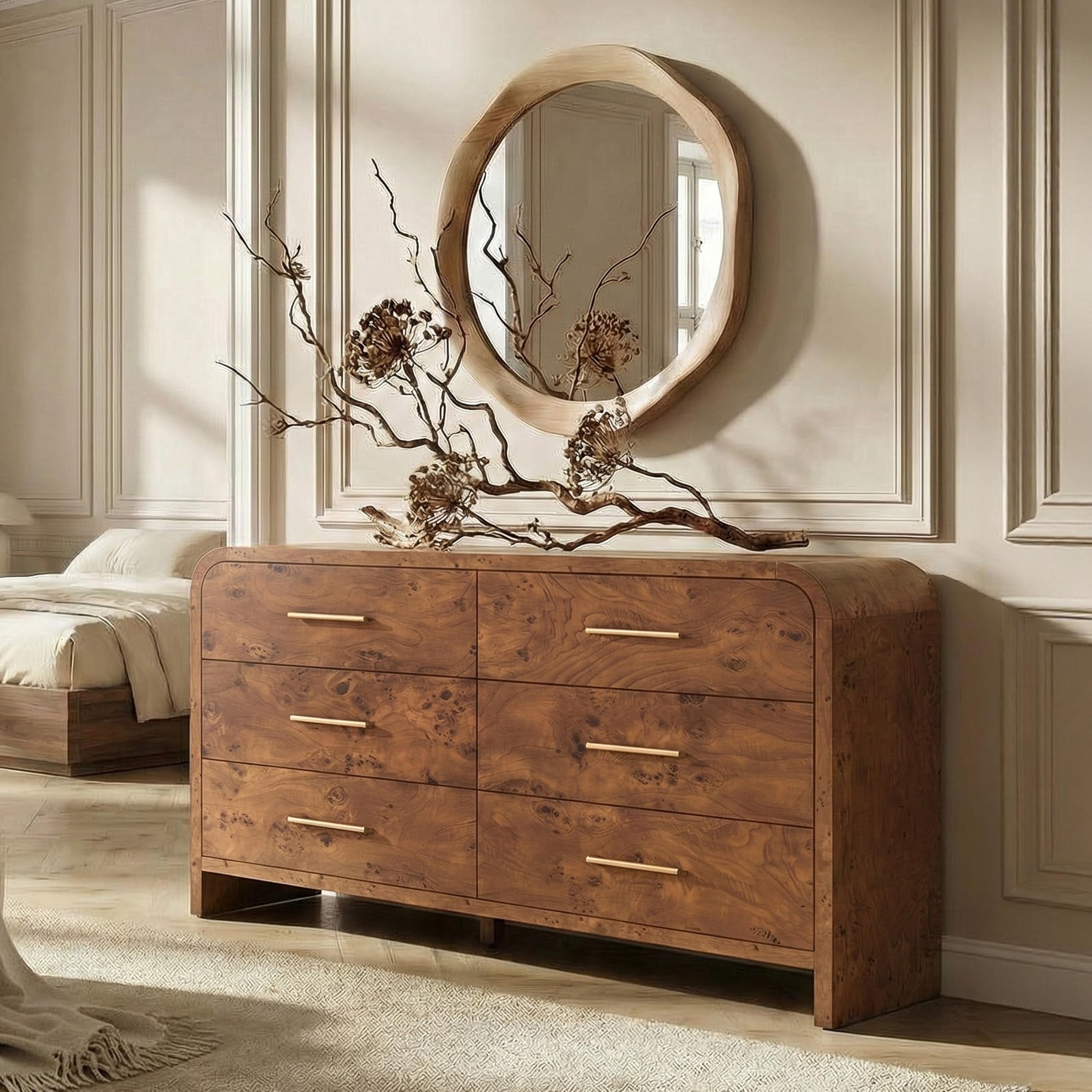 Curved 9-Drawer Dresser for Bedroom, 63" Wide Modern Chest of Drawers, Vanity Desk TV Stand for Living Room, Closet Storage Drawers Organizer Furniture, Nursery, Hallway, Oak