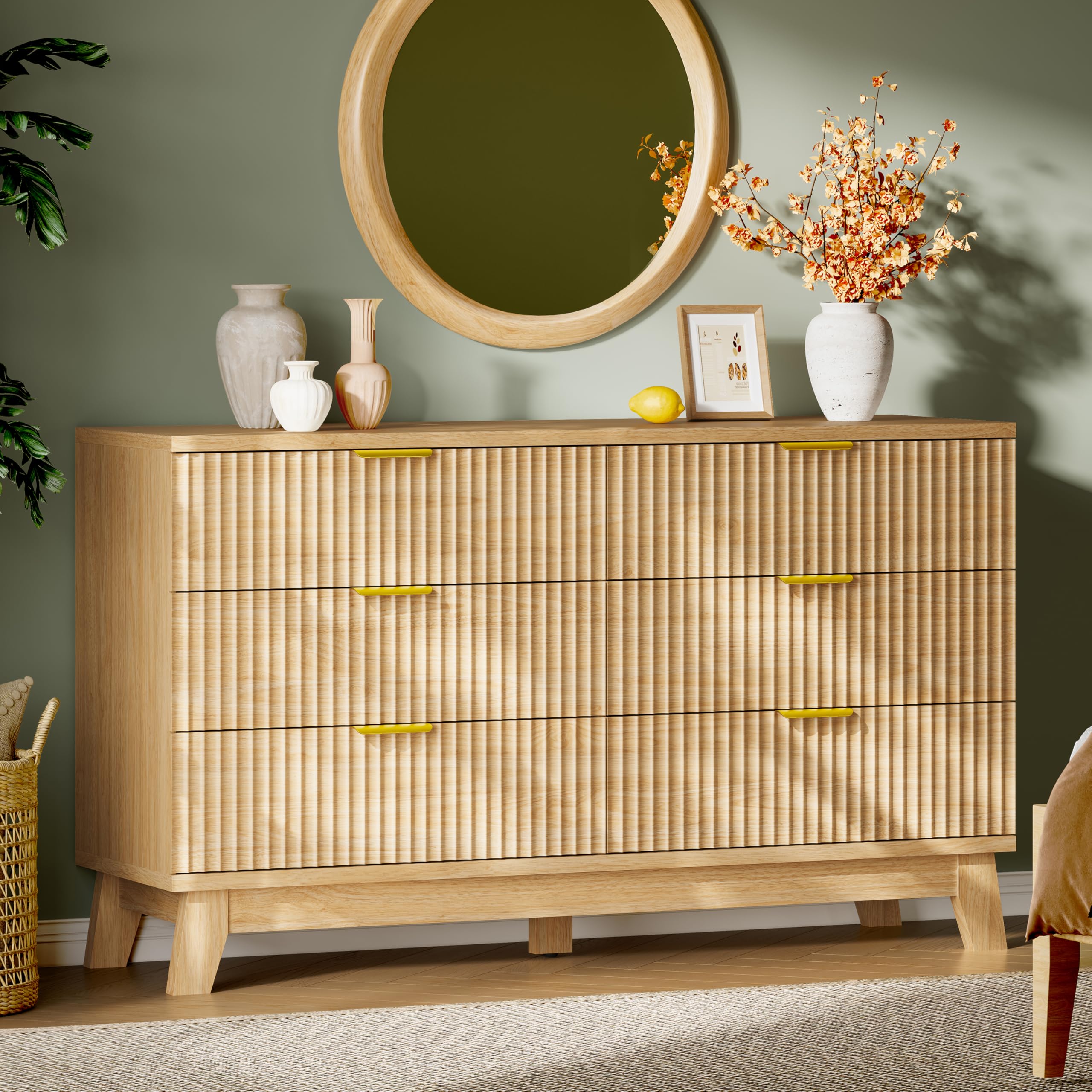 Xixini Fluted Dresser with 9 Drawers, 63" Wide Modern Chest of Drawers with Metal Handle, Wooden Dresser TV Stand, Wood Closet Clothes Storage Organizer for Bedroom, Living Room, Hallway, Natural Oak