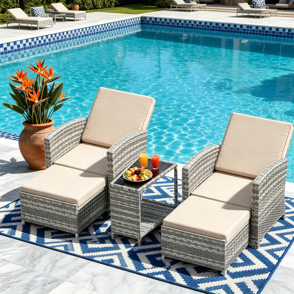 DECMICO 3-Piece Outdoor Wicker Chaise Lounge Set, Infinite Position Adjustable Backrest, Removable Cushion & Glass Side Table – Perfect for Yard, Garden, Backyard