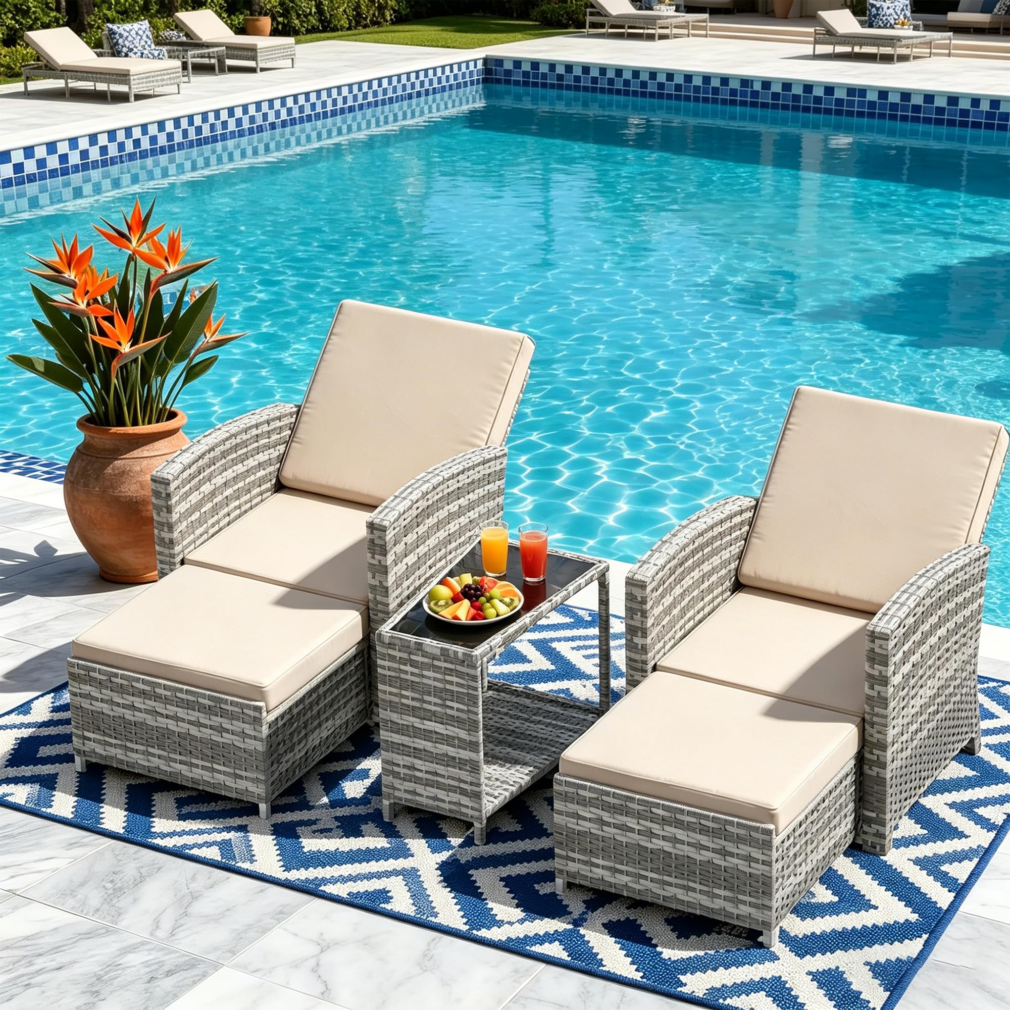 DECMICO 3-Piece Outdoor Wicker Chaise Lounge Set, Infinite Position Adjustable Backrest, Removable Cushion & Glass Side Table – Perfect for Yard, Garden, Backyard