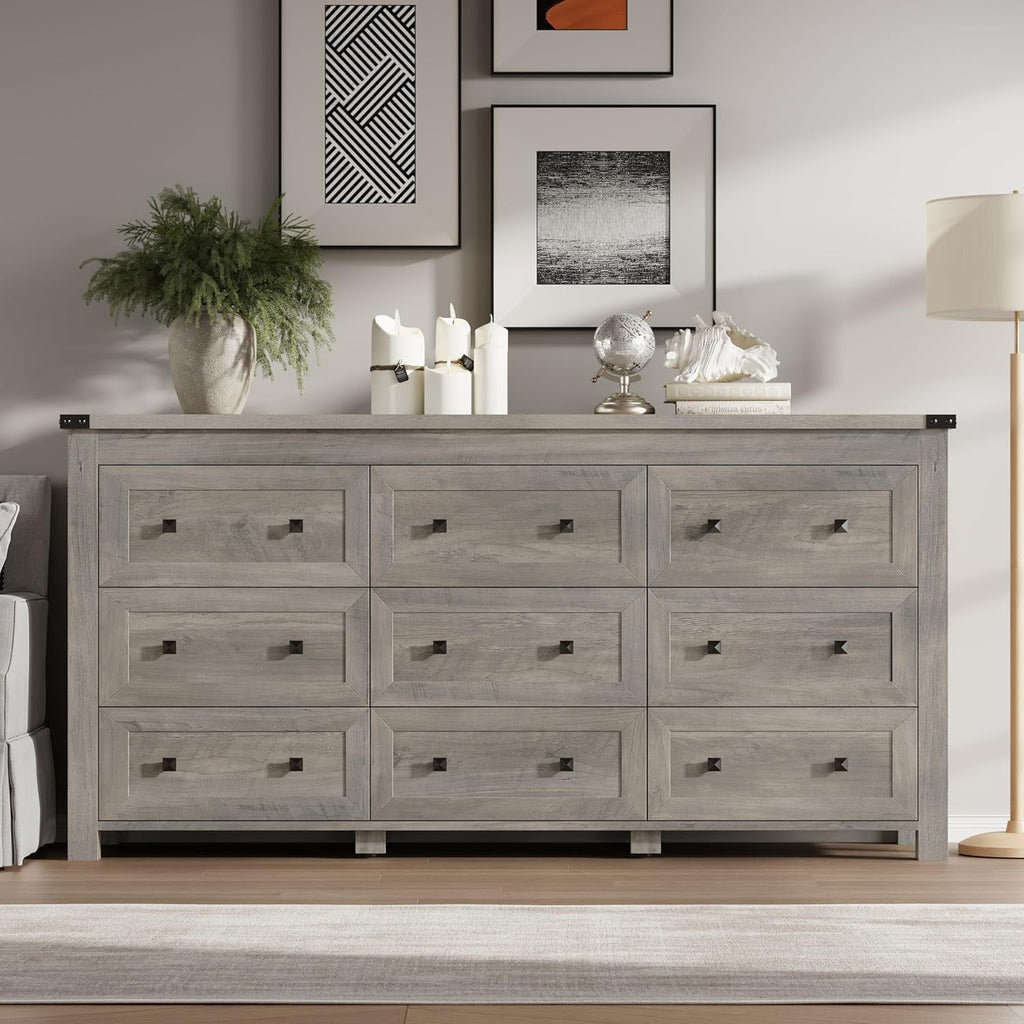 BORNOON 9-Drawer Dresser, Modern Wooden Storage Chest of Drawers, Dresser TV Stand, Wood Drawer Organizer with Metal Handles for Bedroom, Living Room, Hallway