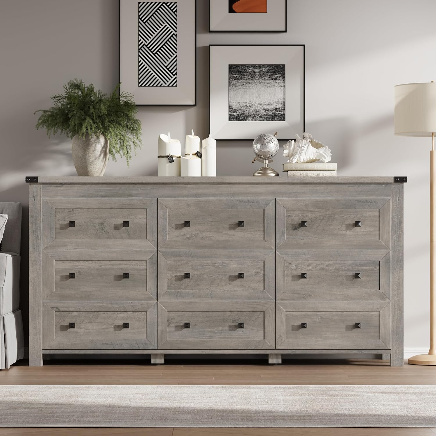 BORNOON 9-Drawer Dresser, Modern Wooden Storage Chest of Drawers, Dresser TV Stand, Wood Drawer Organizer with Metal Handles for Bedroom, Living Room, Hallway
