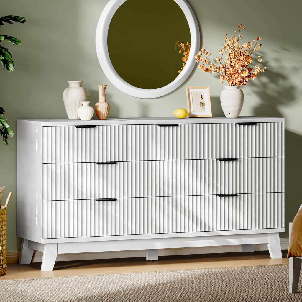 Xixini Fluted Dresser with 9 Drawers, 63" Wide Modern Chest of Drawers with Metal Handle, Wooden Dresser TV Stand, Wood Closet Clothes Storage Organizer for Bedroom, Living Room, Hallway, Natural Oak