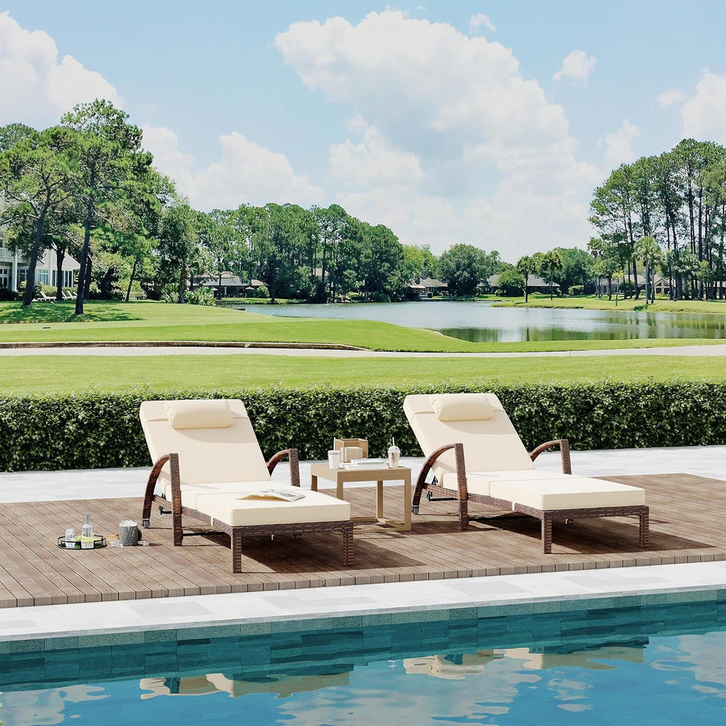 coucheta Outdoor Chaise Lounge Set of 2 Rattan Patio Folding Chaise Lounge Adjustable 5 Position Back Patio Pool Lounge Chair with Cushion Pillow for Poolside Backyard Deck Porch Khaki