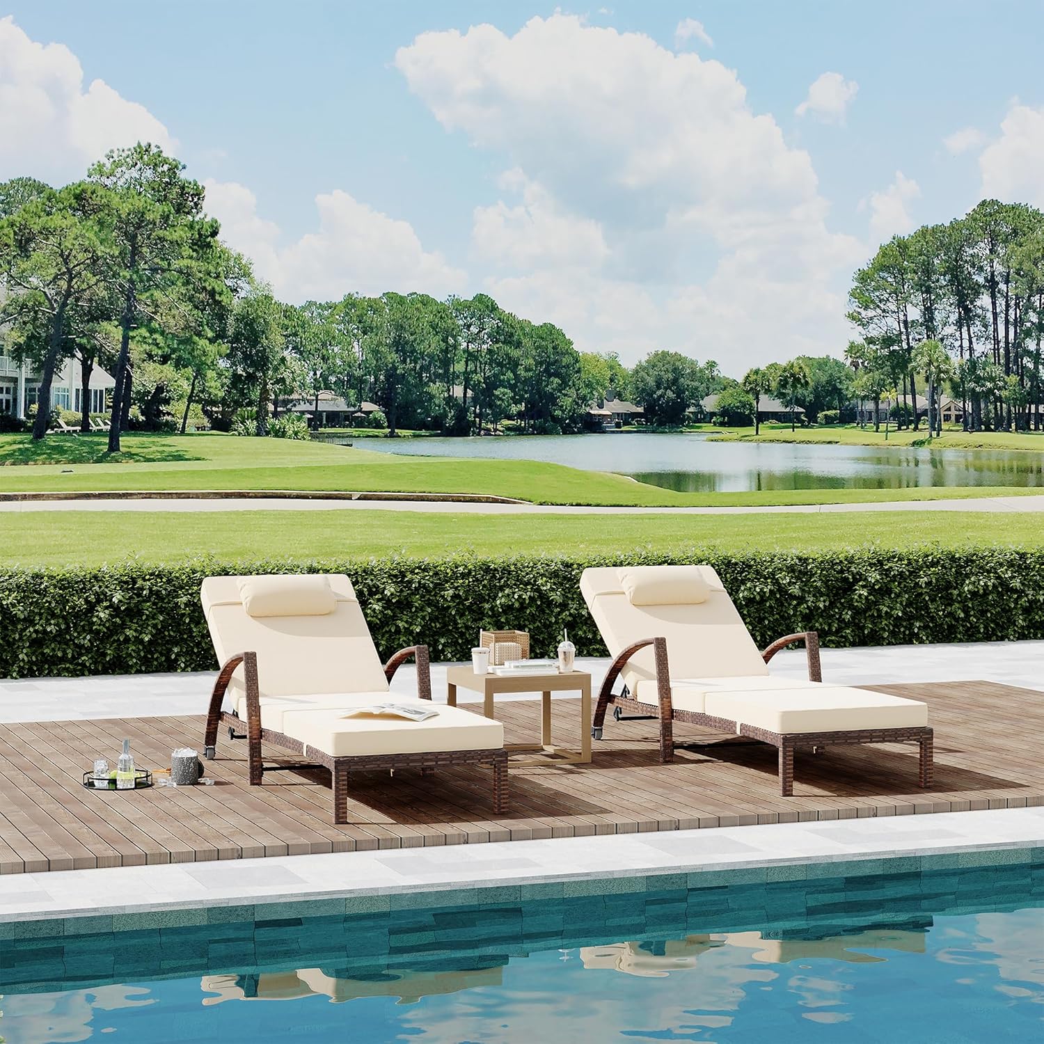 coucheta Outdoor Chaise Lounge Set of 2 Rattan Patio Folding Chaise Lounge Adjustable 5 Position Back Patio Pool Lounge Chair with Cushion Pillow for Poolside Backyard Deck Porch Khaki