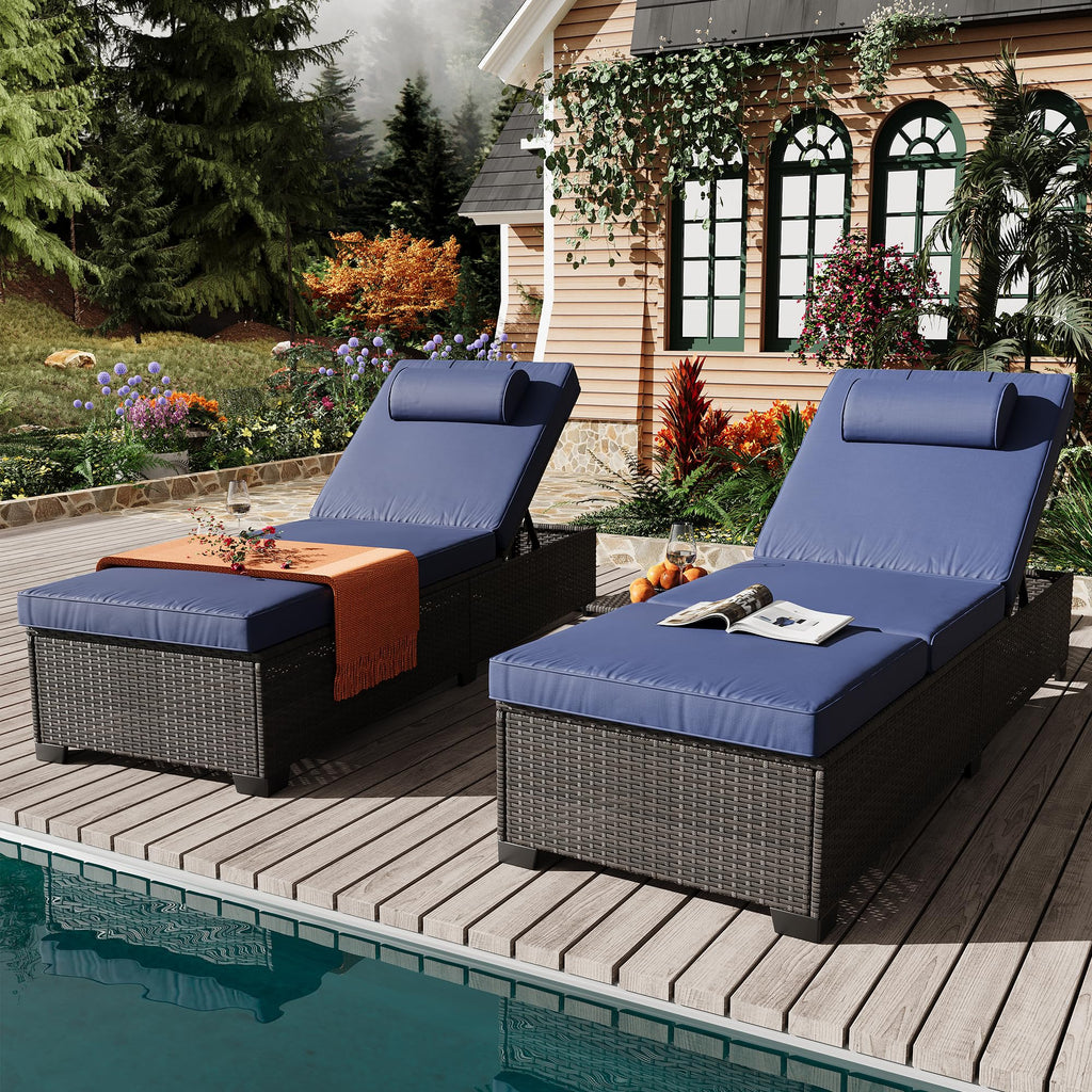 Patio Chaise Lounge Set of 2, Brown Rattan, Adjustable Backrest, Recliners with Beige Cushion