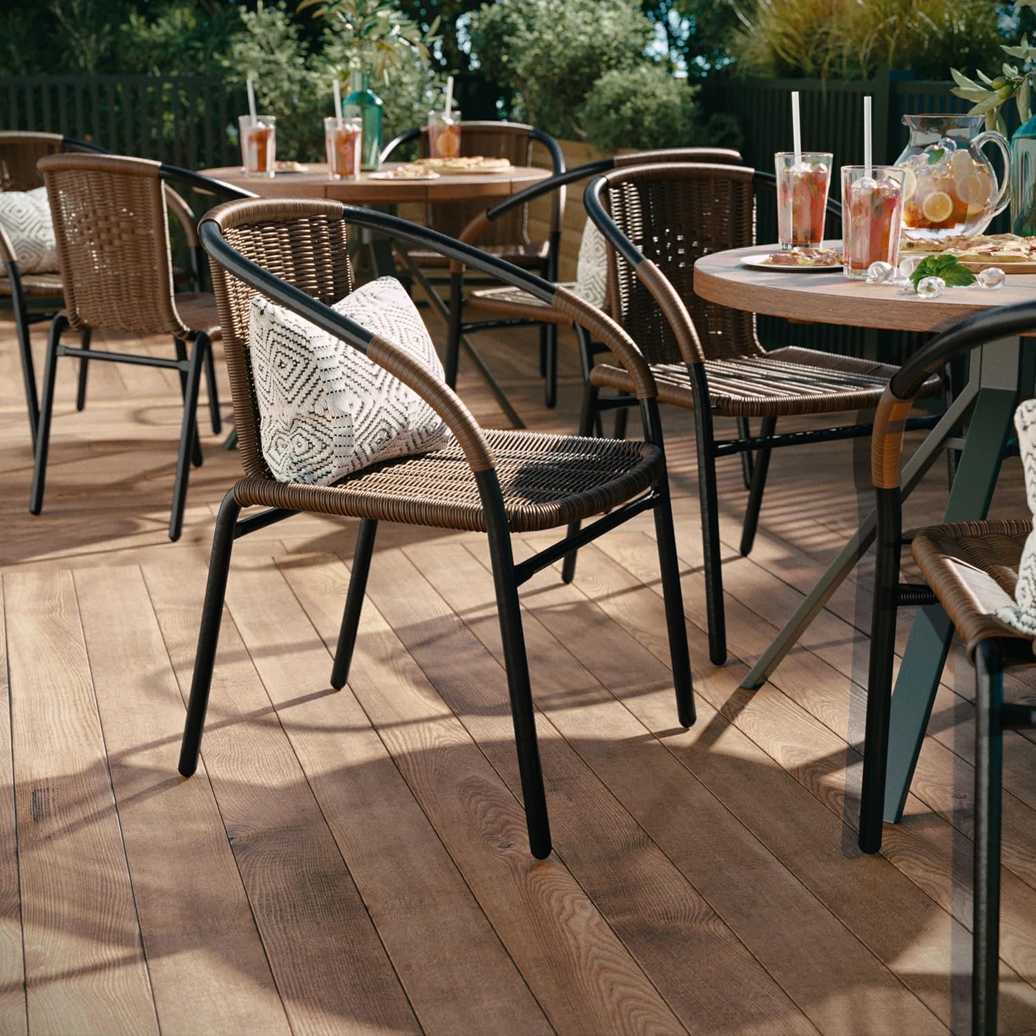 EMMA + OLIVER Set of 2 Modern PE Rattan Stack Chairs, Indoor/Outdoor Patio Dining Chairs, No Assembly Required, Brown