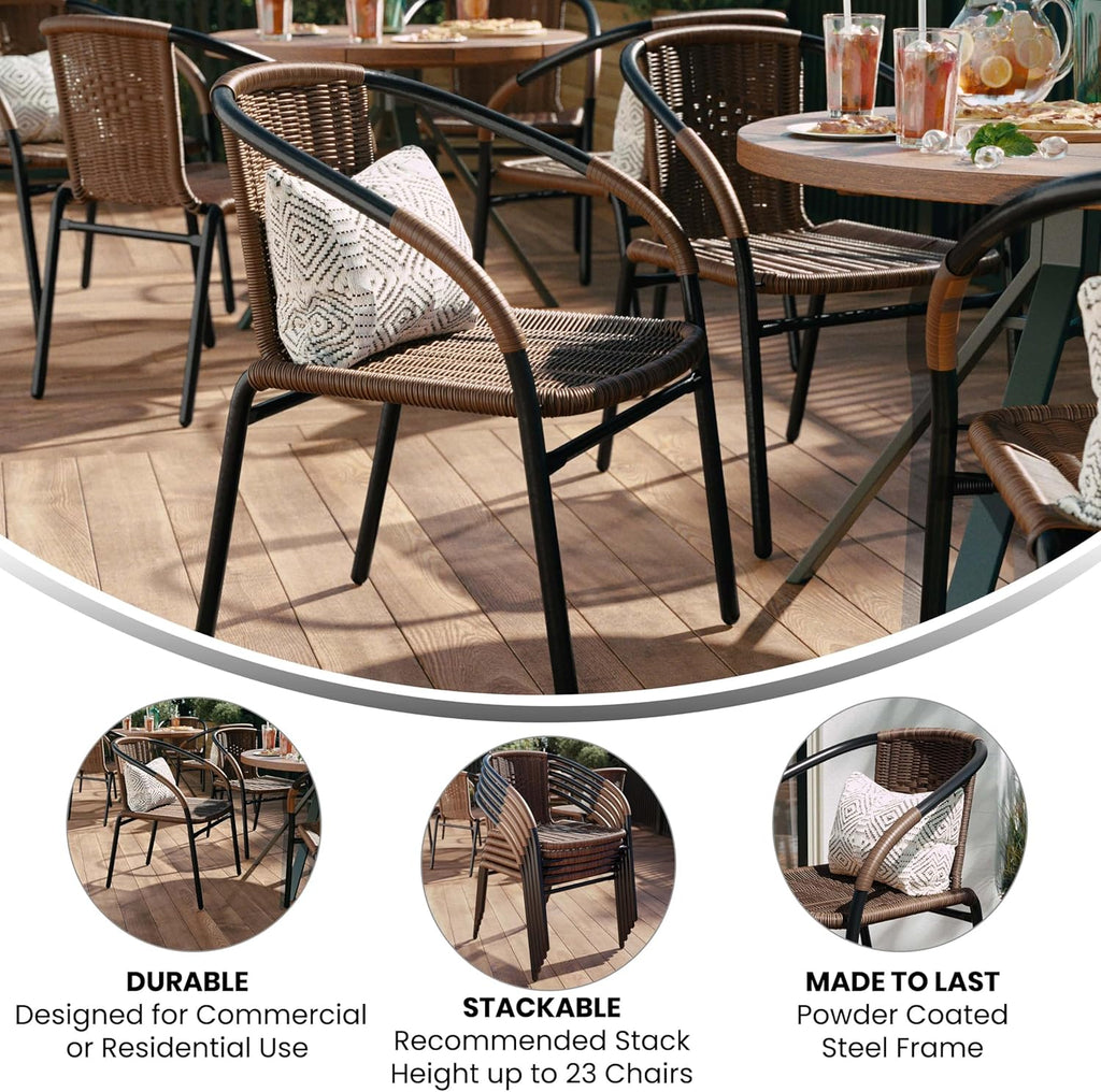 EMMA + OLIVER Set of 2 Modern PE Rattan Stack Chairs, Indoor/Outdoor Patio Dining Chairs, No Assembly Required, Brown