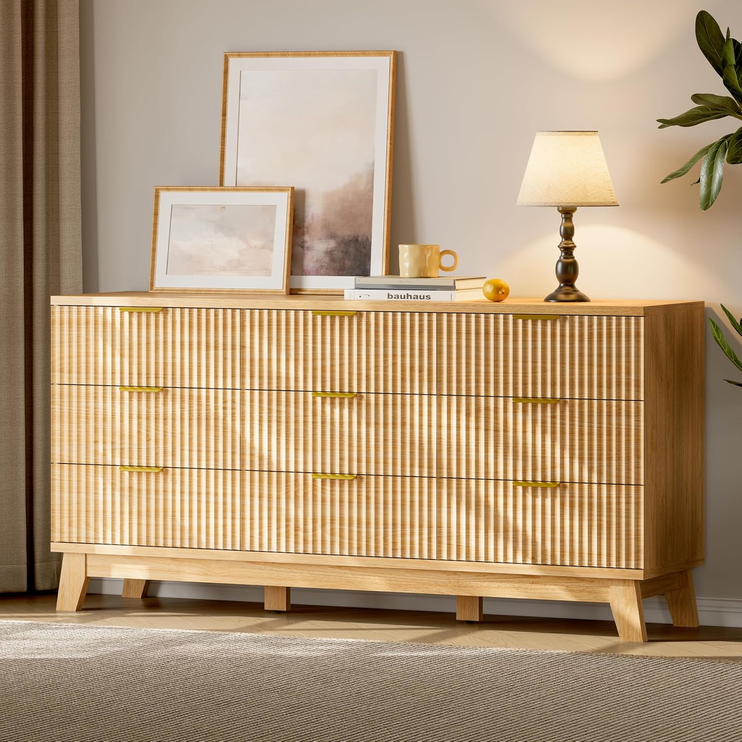 Xixini Fluted Dresser with 9 Drawers, 63" Wide Modern Chest of Drawers with Metal Handle, Wooden Dresser TV Stand, Wood Closet Clothes Storage Organizer for Bedroom, Living Room, Hallway, Natural Oak