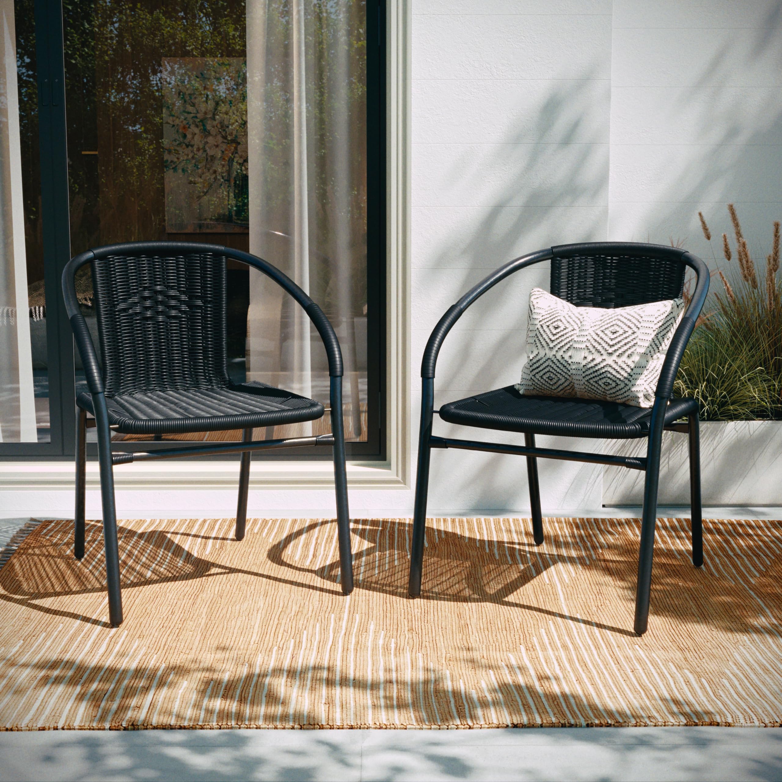 EMMA + OLIVER Set of 2 Modern PE Rattan Stack Chairs, Indoor/Outdoor Patio Dining Chairs, No Assembly Required, Brown