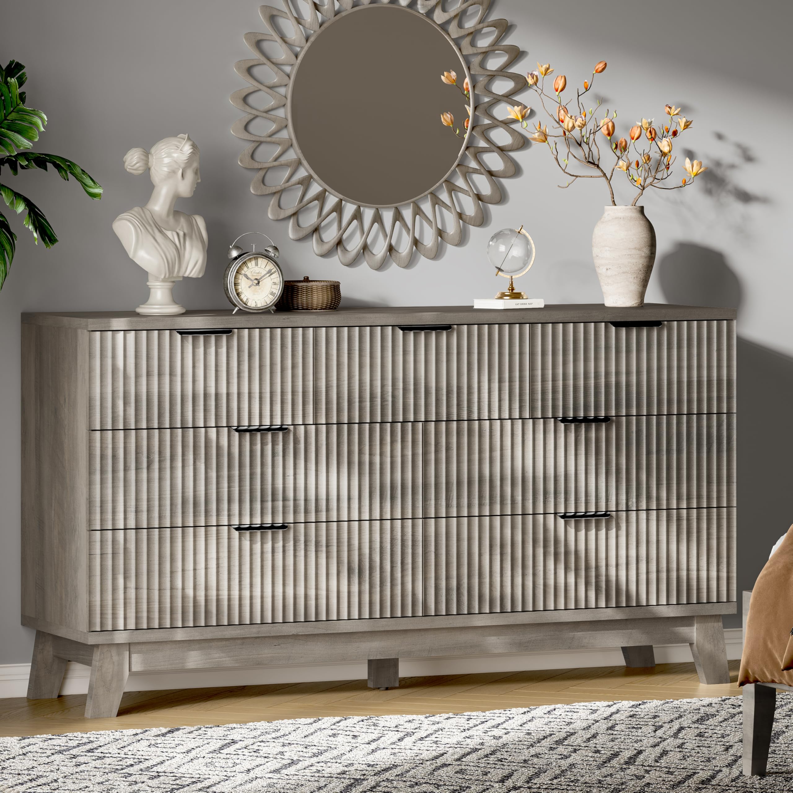 Xixini Fluted Dresser with 9 Drawers, 63" Wide Modern Chest of Drawers with Metal Handle, Wooden Dresser TV Stand, Wood Closet Clothes Storage Organizer for Bedroom, Living Room, Hallway, Natural Oak