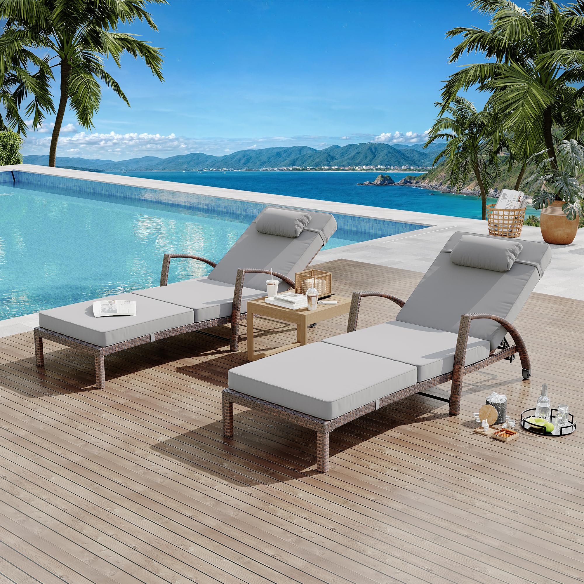 coucheta Outdoor Chaise Lounge Set of 2 Rattan Patio Folding Chaise Lounge Adjustable 5 Position Back Patio Pool Lounge Chair with Cushion Pillow for Poolside Backyard Deck Porch Khaki