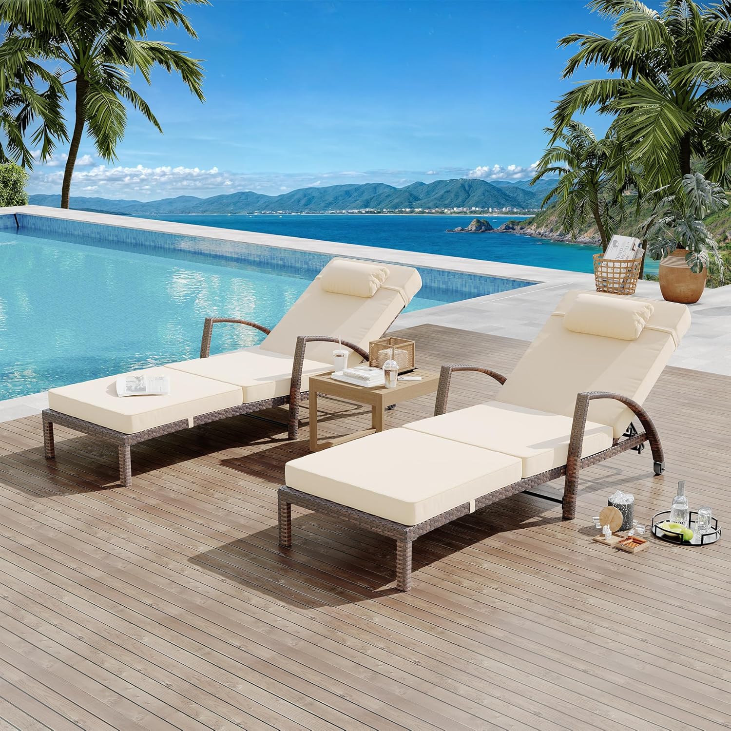 2Pcs Beige Rattan Folding Chaise Lounge,5-Position Adjustable Outdoor Lounge Chair with Cushion & Pillow