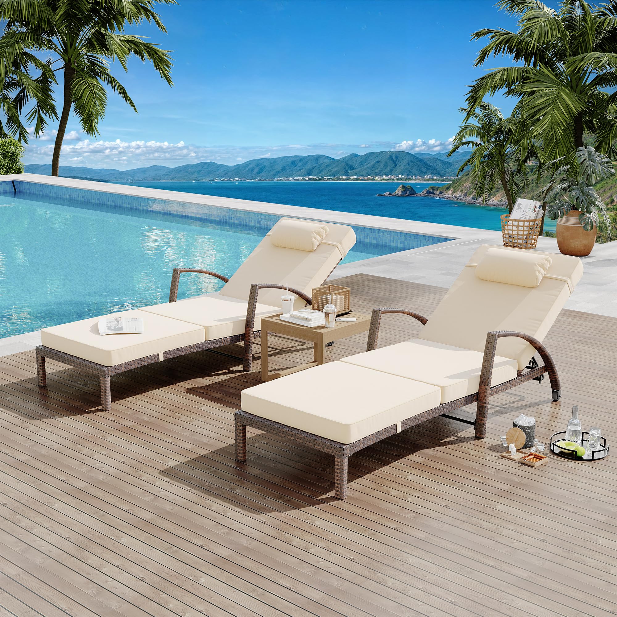 coucheta Outdoor Chaise Lounge Set of 2 Rattan Patio Folding Chaise Lounge Adjustable 5 Position Back Patio Pool Lounge Chair with Cushion Pillow for Poolside Backyard Deck Porch Khaki