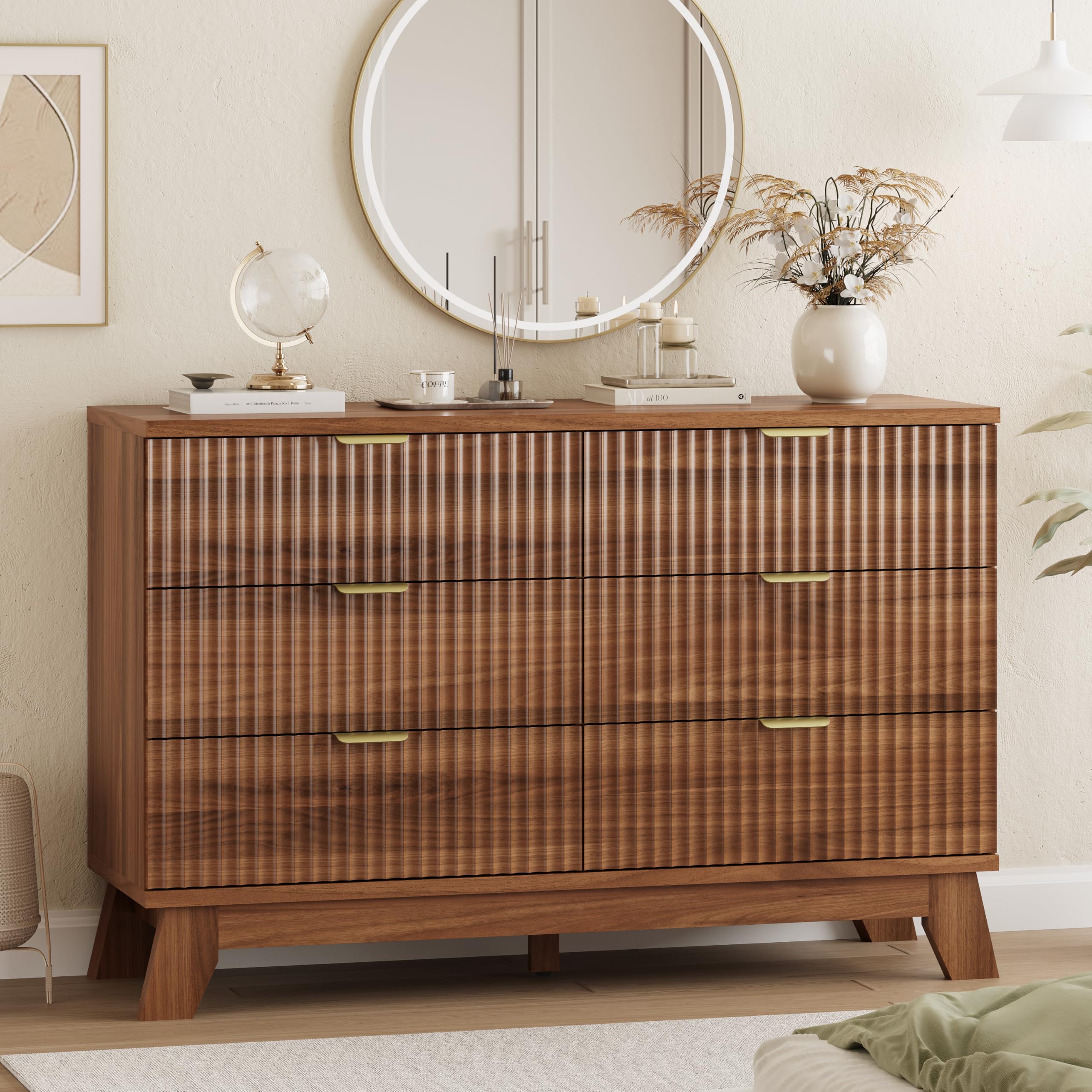 Fluted Dresser for Bedroom with 9 Drawers, 57" Wide Modern Chest of Drawers with Metal Handle, Wooden Dresser TV Stand, Wood Closet Clothes Storage Organizer for Living Room, Hallway, Natural Oak