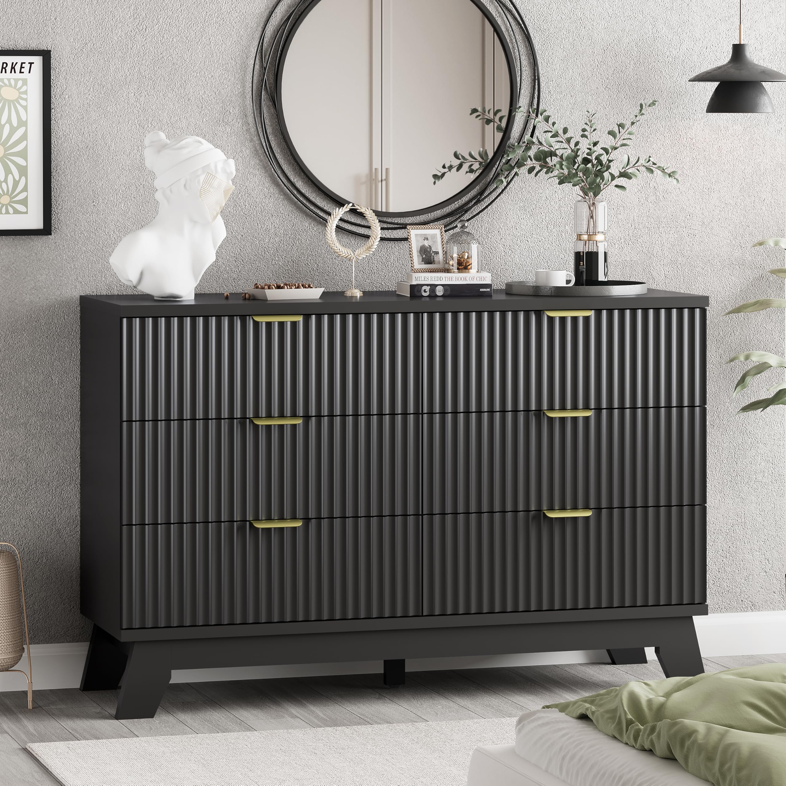Fluted Dresser for Bedroom with 9 Drawers, 57" Wide Modern Chest of Drawers with Metal Handle, Wooden Dresser TV Stand, Wood Closet Clothes Storage Organizer for Living Room, Hallway, Natural Oak