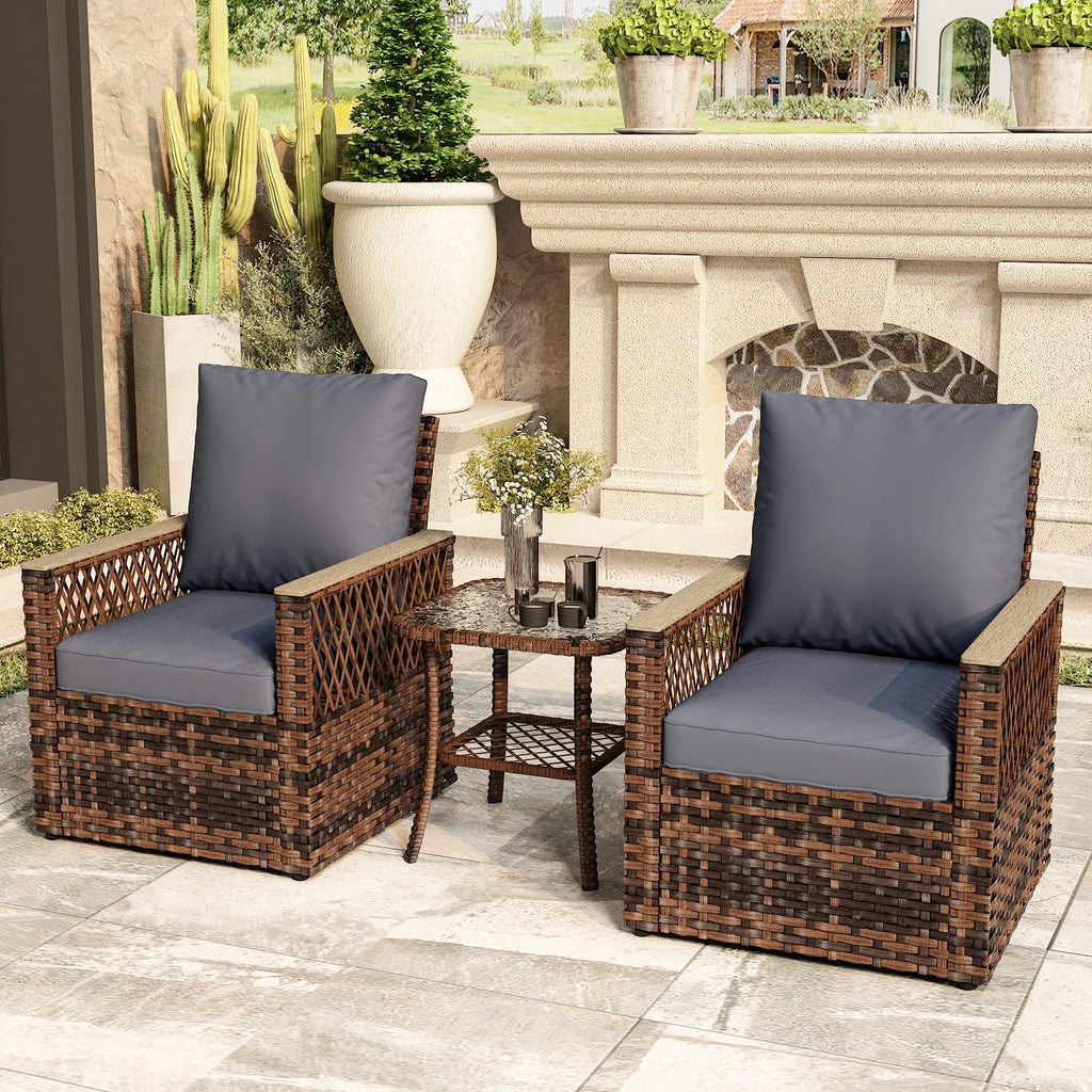 MELLCOM 3 Pieces Patio Bistro Set, Outdoor Wicker Chairs with Side Table, All-Weather Patio Furniture Set with Water-Resistant Cushions and High Back for Garden, Backyard